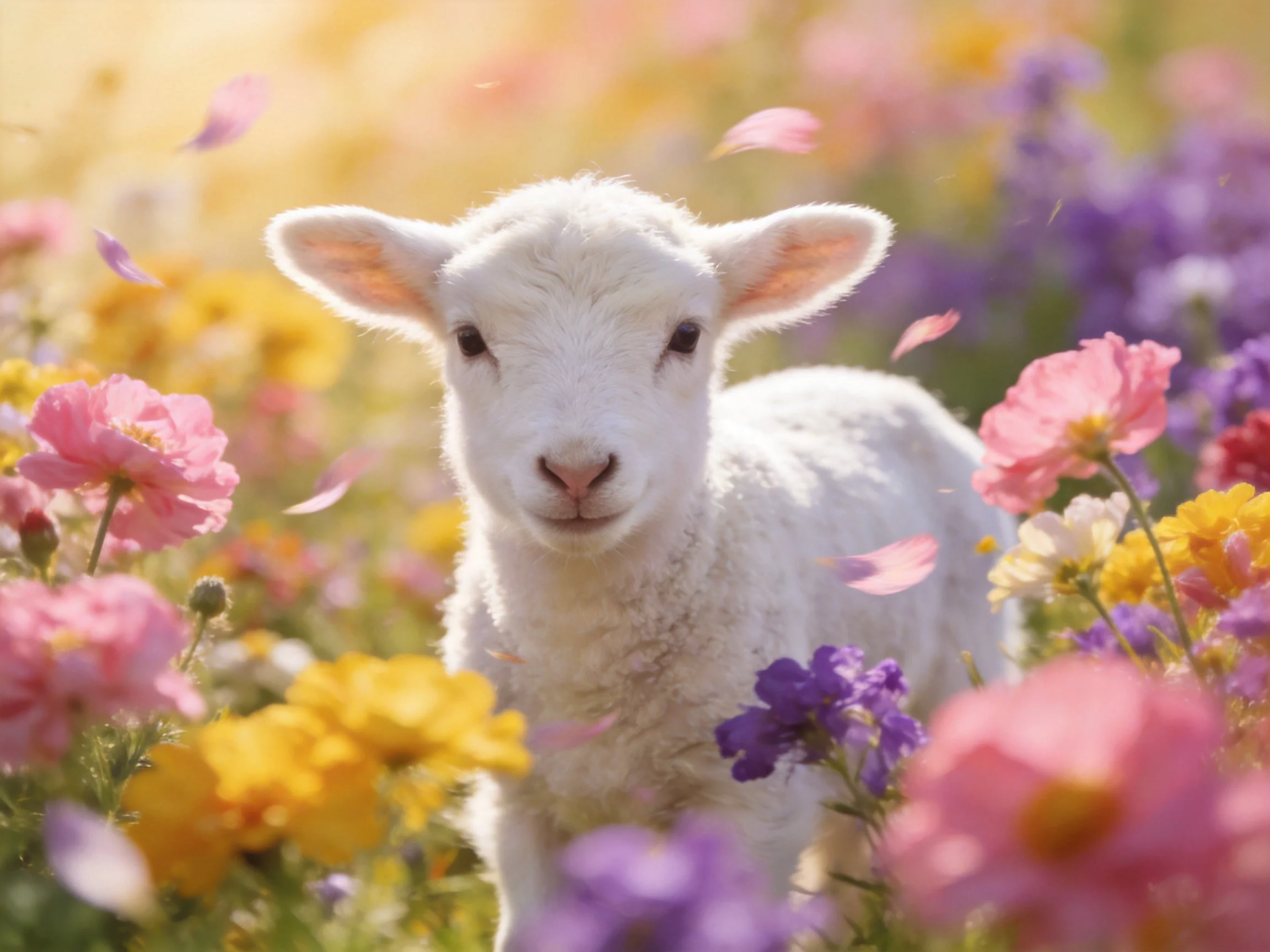 A fluffy white lamb among vibrant multicolored flower fields