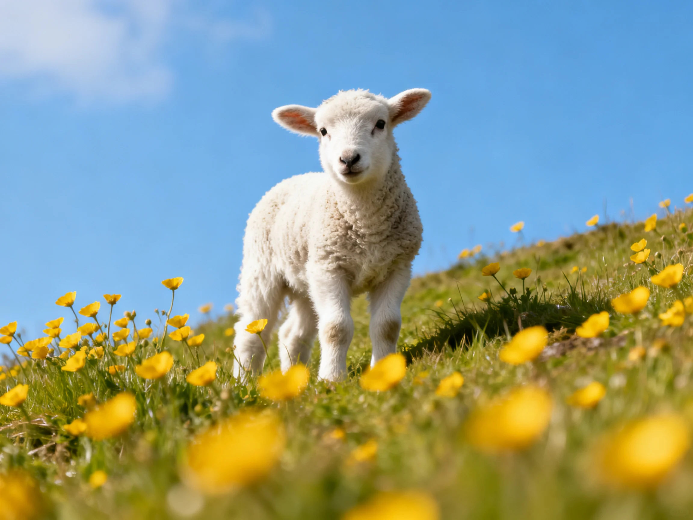 A fluffy white lamb among yellow wildflowers on a sunny hillside