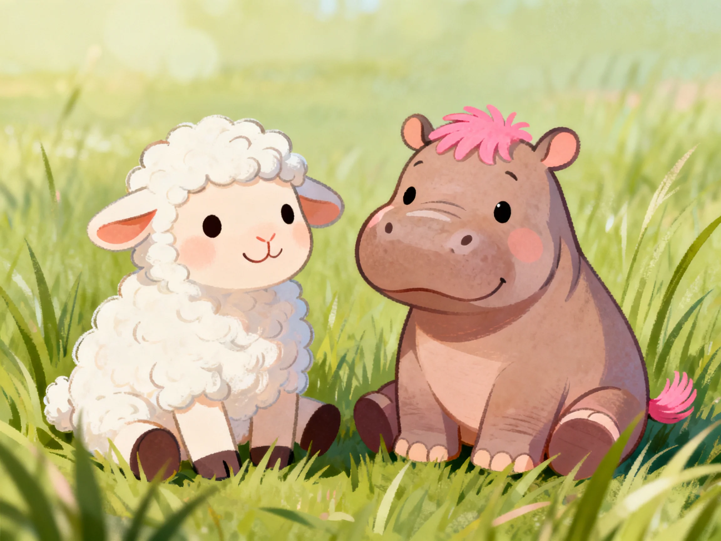 A fluffy white lamb and pink-headed hippo sit in lush green grass
