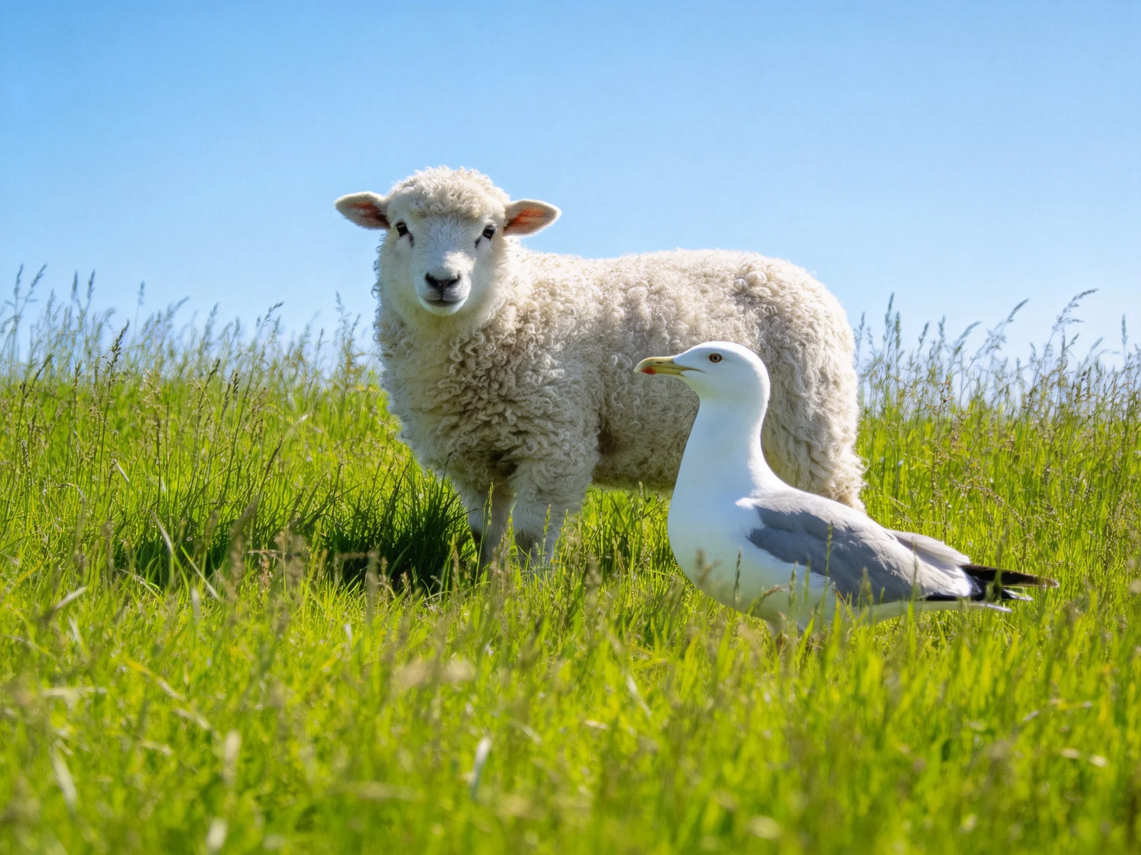 A fluffy white lamb and seagull in a lush green meadow