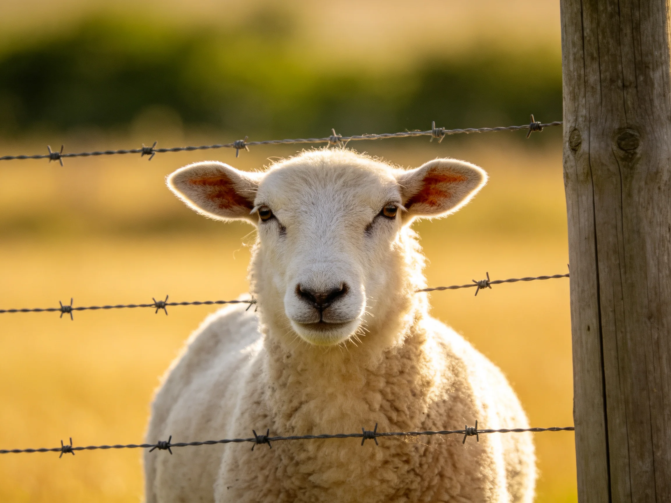 A fluffy white lamb behind a barbed wire fence in a golden field