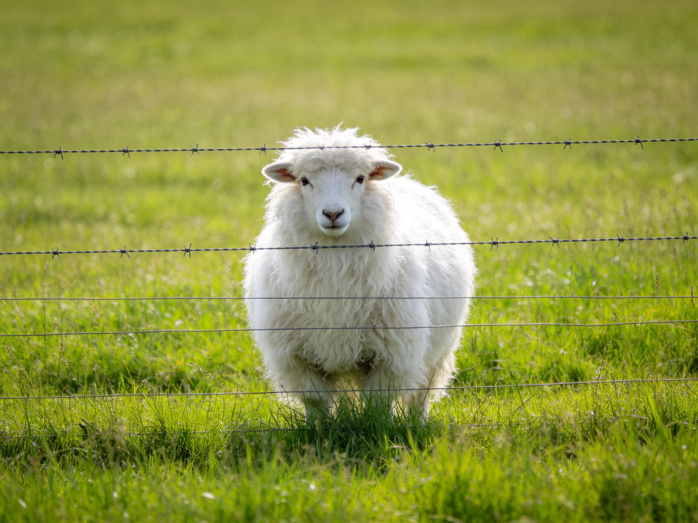 A fluffy white lamb behind barbed wires in a green meadow