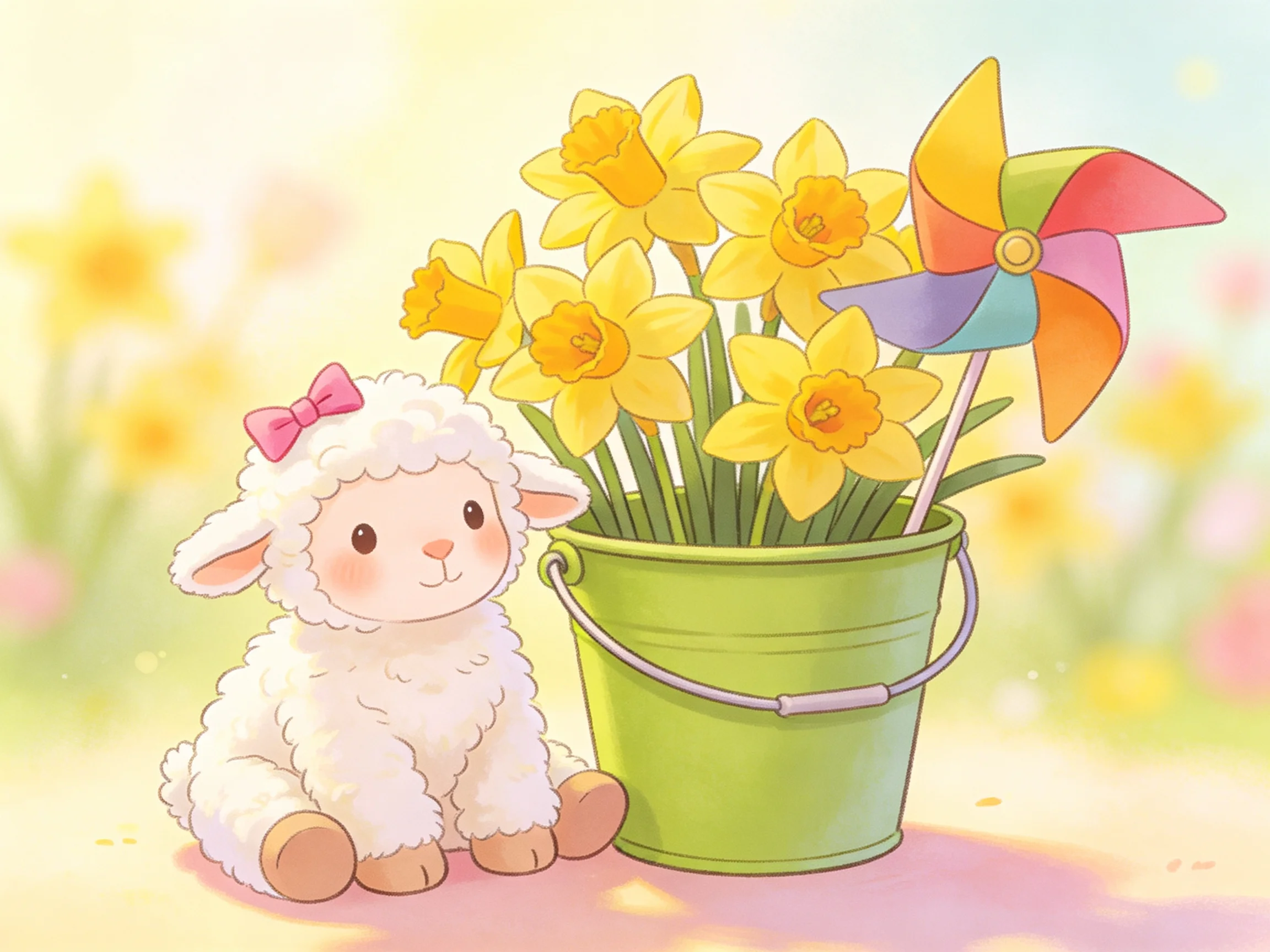 A fluffy white lamb beside a green bucket with yellow daffodils and a pinwheel