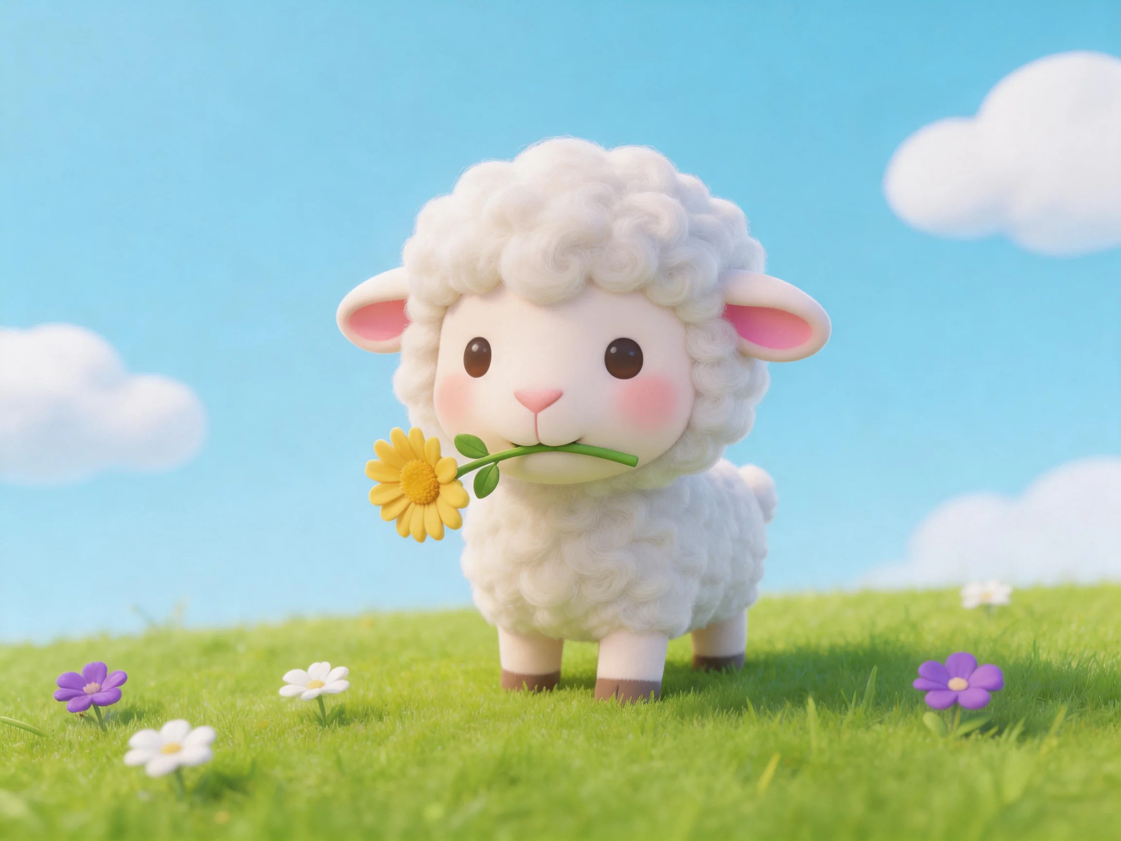 A fluffy white lamb carrying a yellow flower on lush green grass