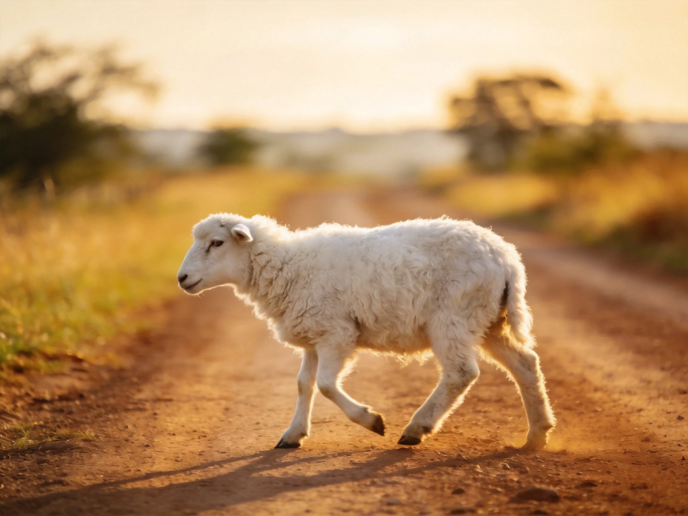 A fluffy white lamb crossing a dusty rural road at golden hour