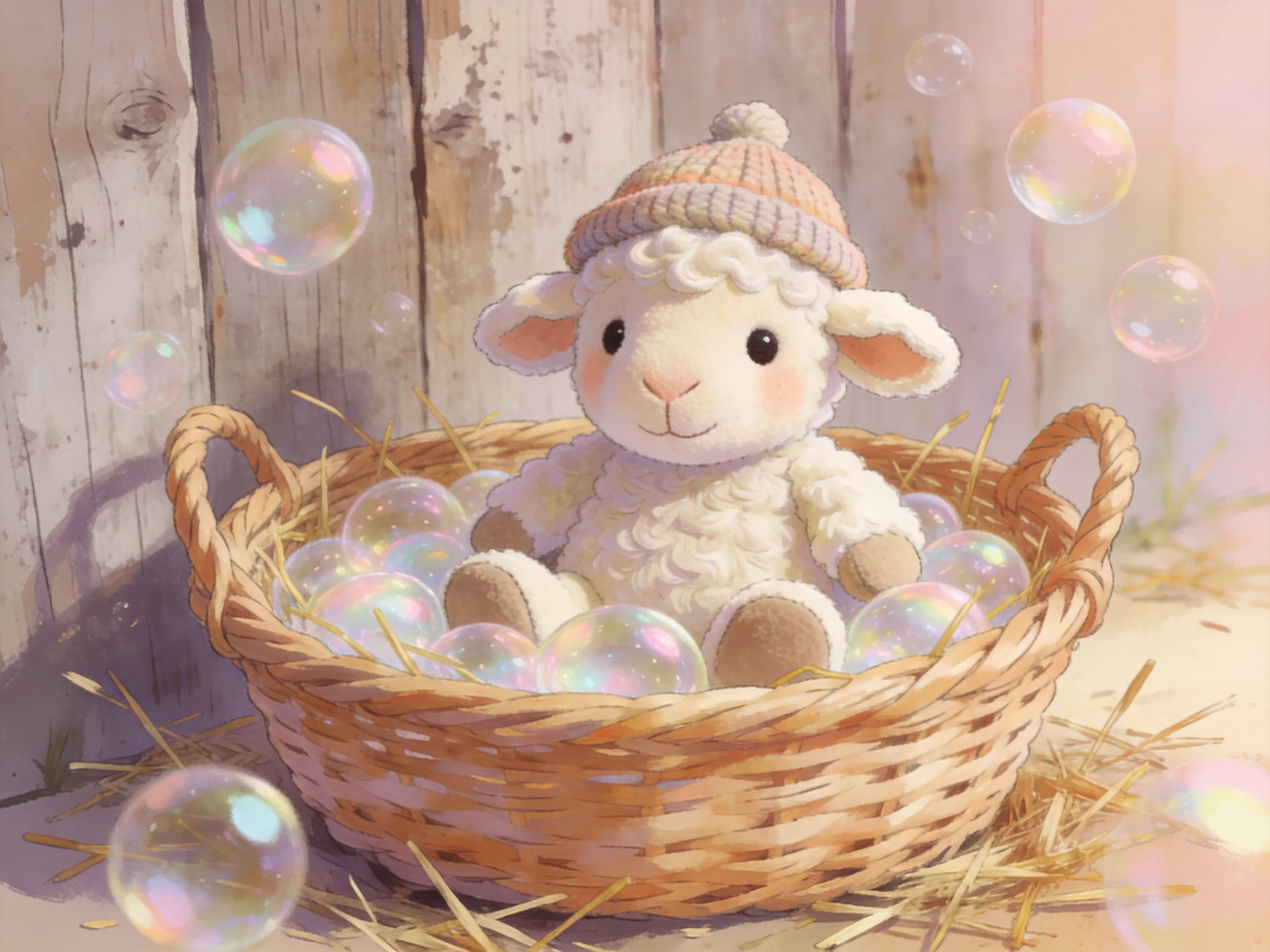 A fluffy white lamb doll in a wicker basket with bubbles