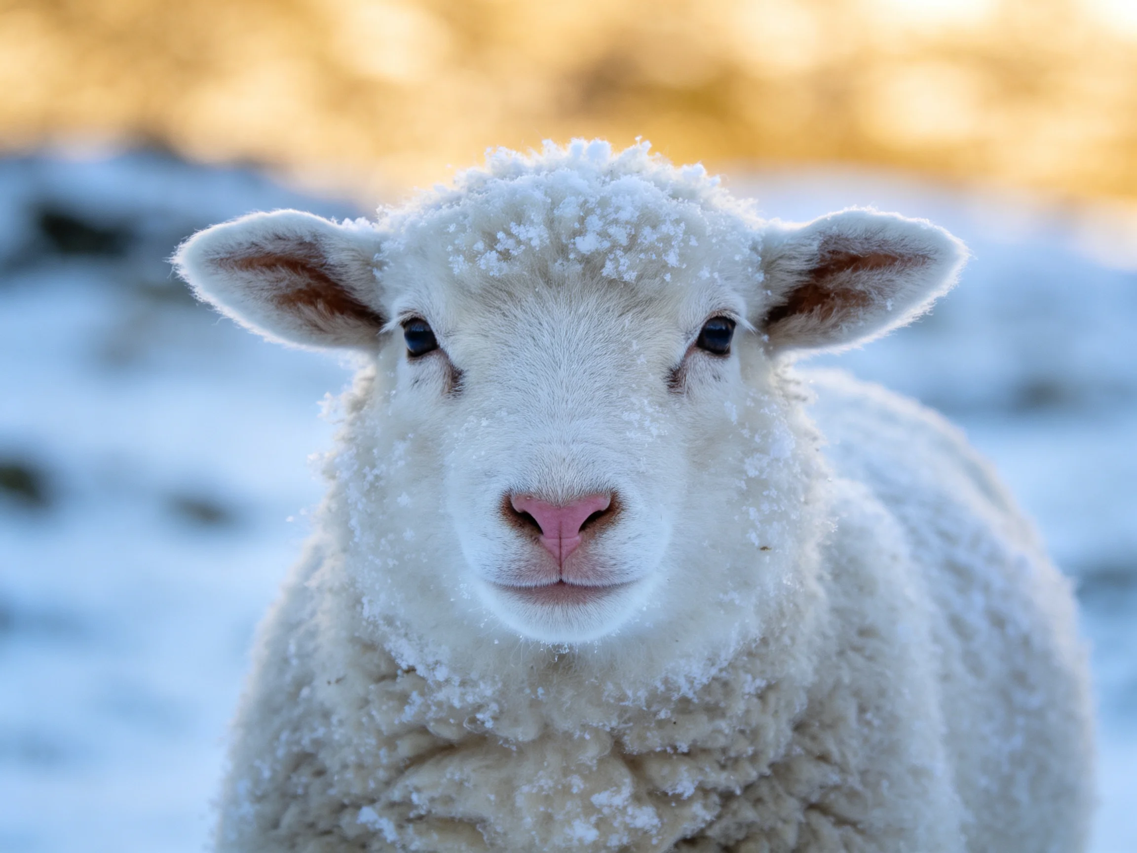 A fluffy white lamb dusted with snow in a wintry landscape