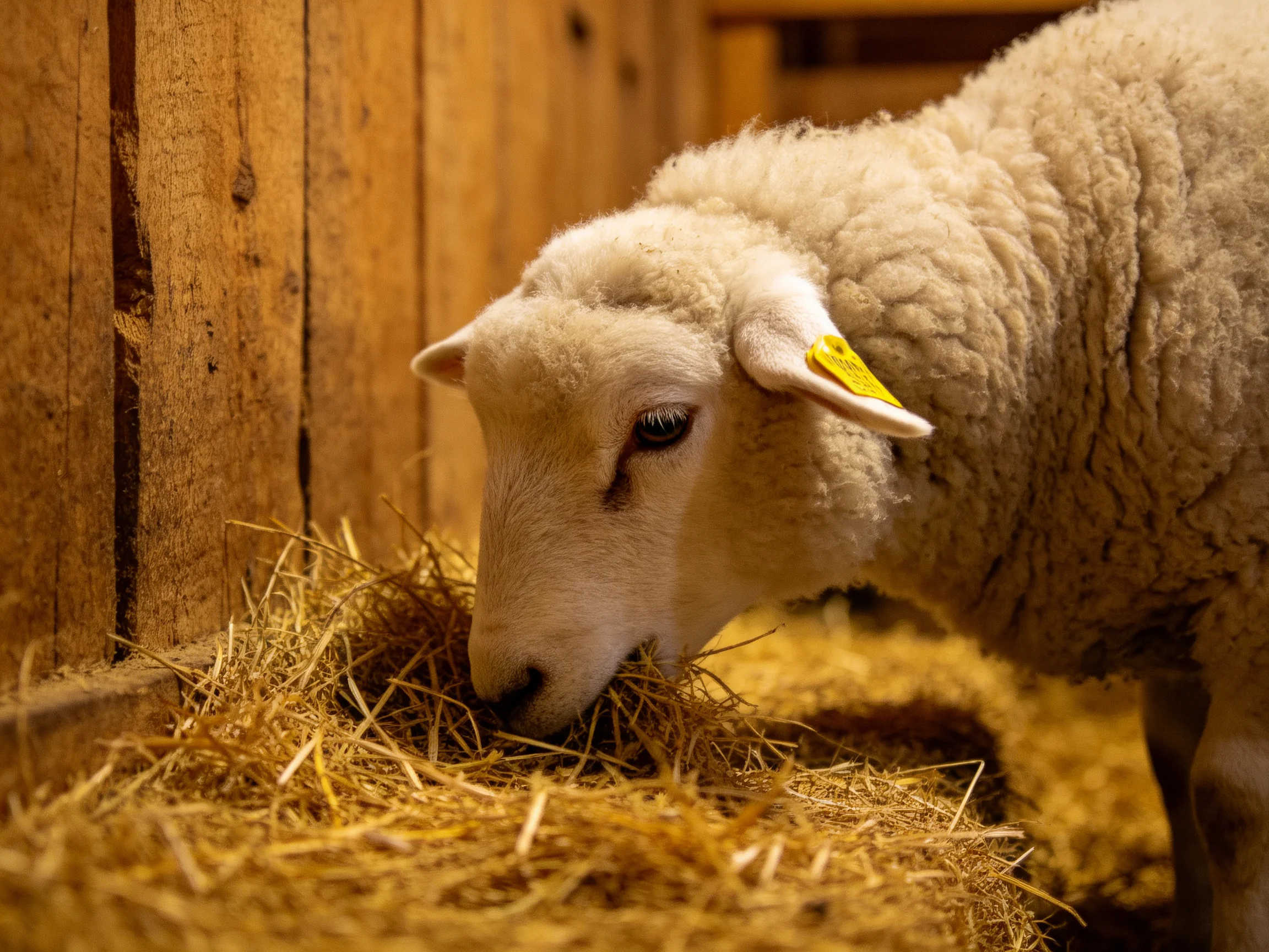 A fluffy white lamb eating golden hay near wooden barn walls