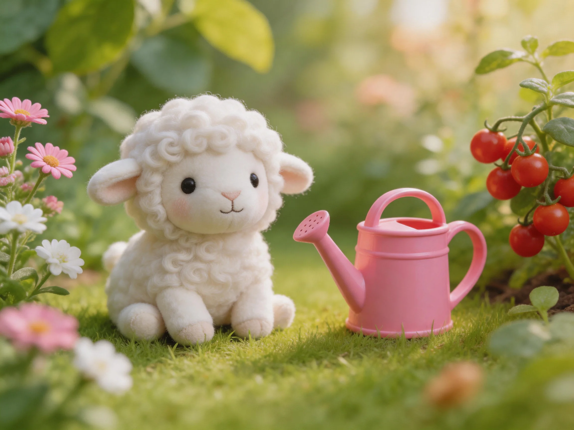 A fluffy white lamb figurine beside a pink watering can in a flowered garden