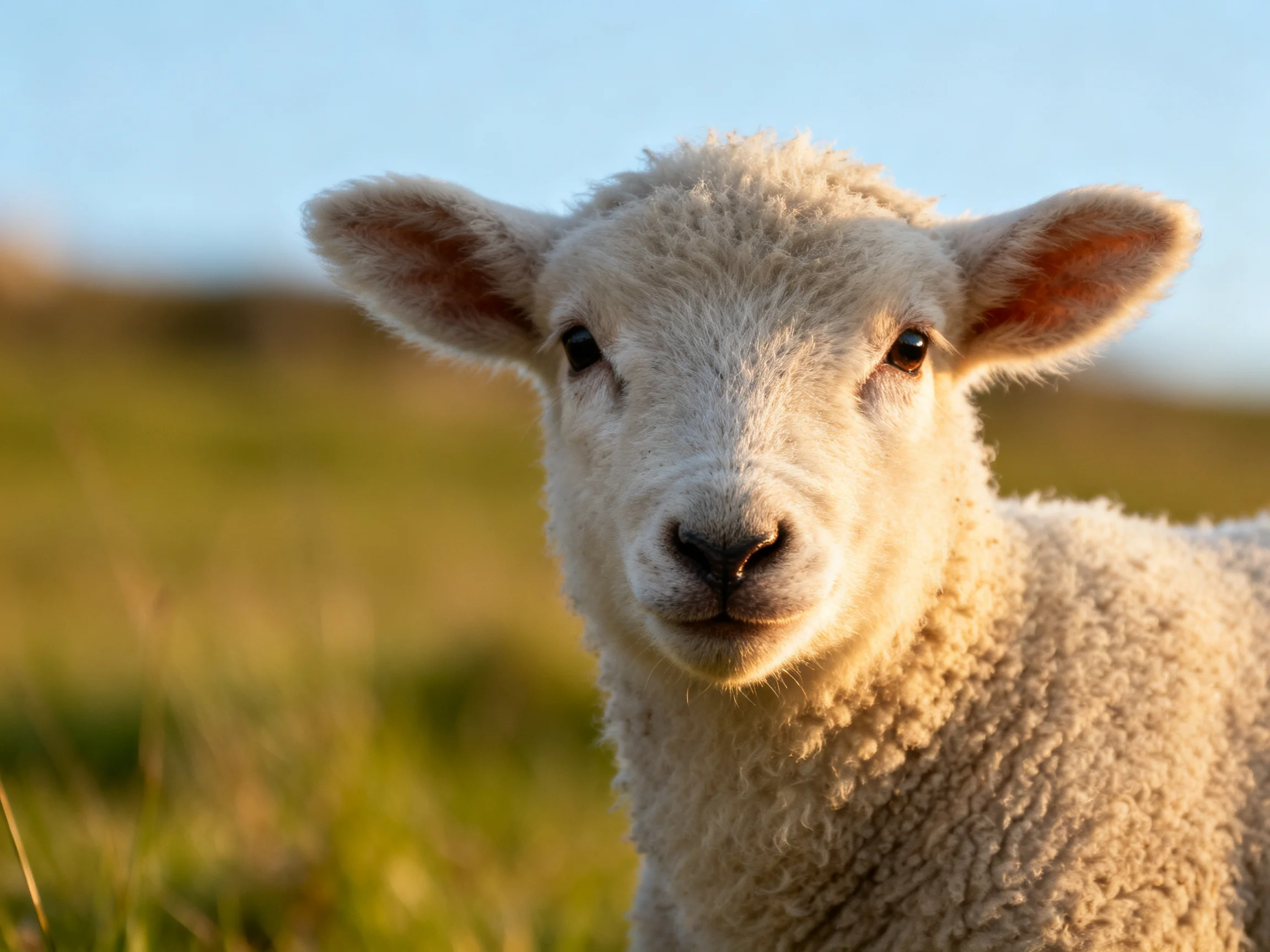 A fluffy white lamb gazes into the camera in a sunlit field