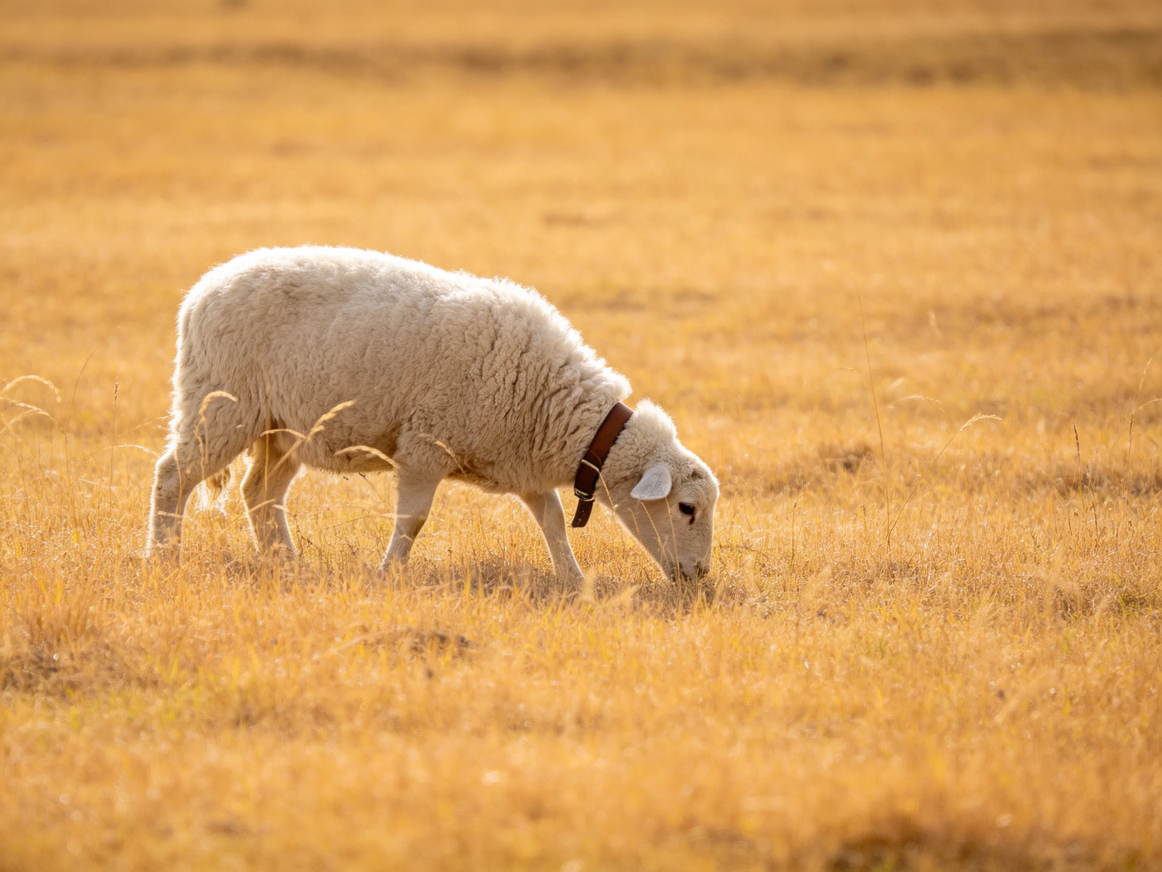 A fluffy white lamb grazes in a golden grassy field