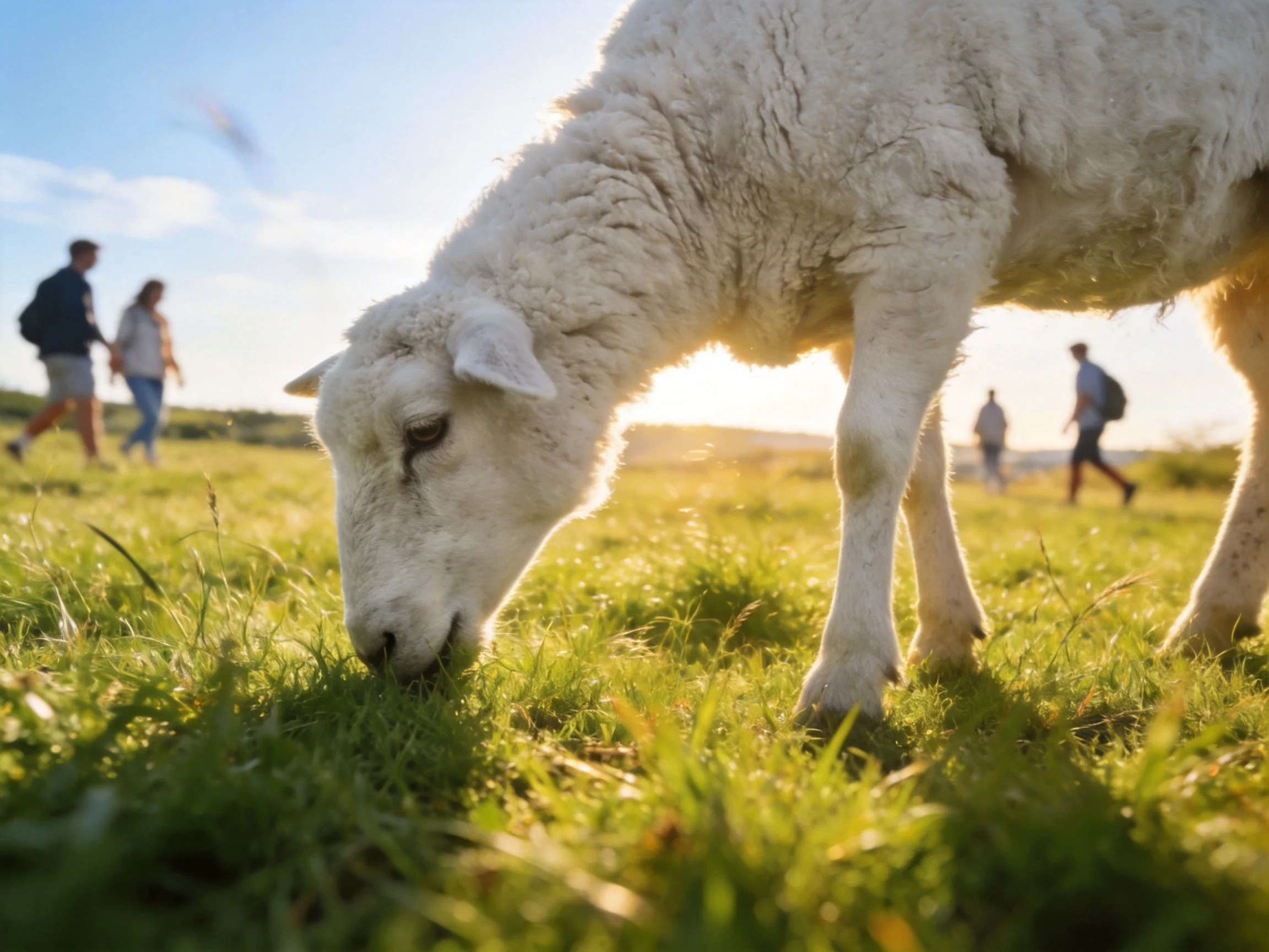 A fluffy white lamb grazes in a sunlit green meadow