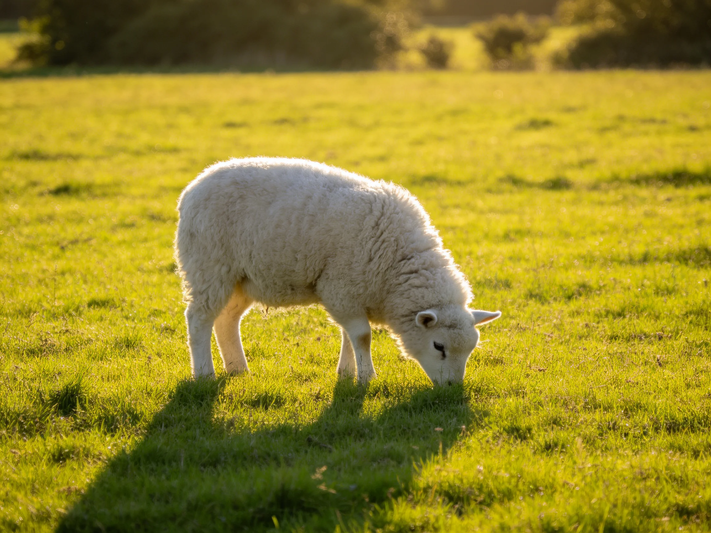 A fluffy white lamb grazes in a sunlit green pasture