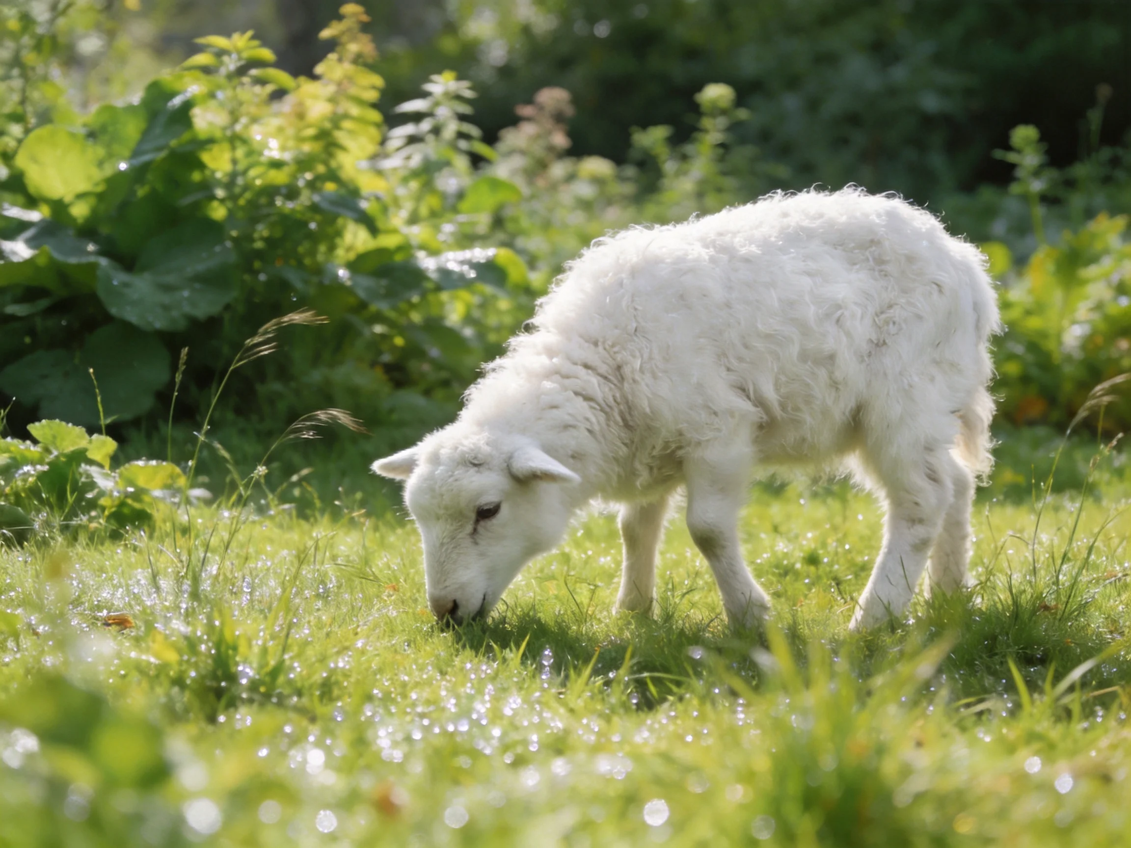 A fluffy white lamb grazing in a dewy green meadow