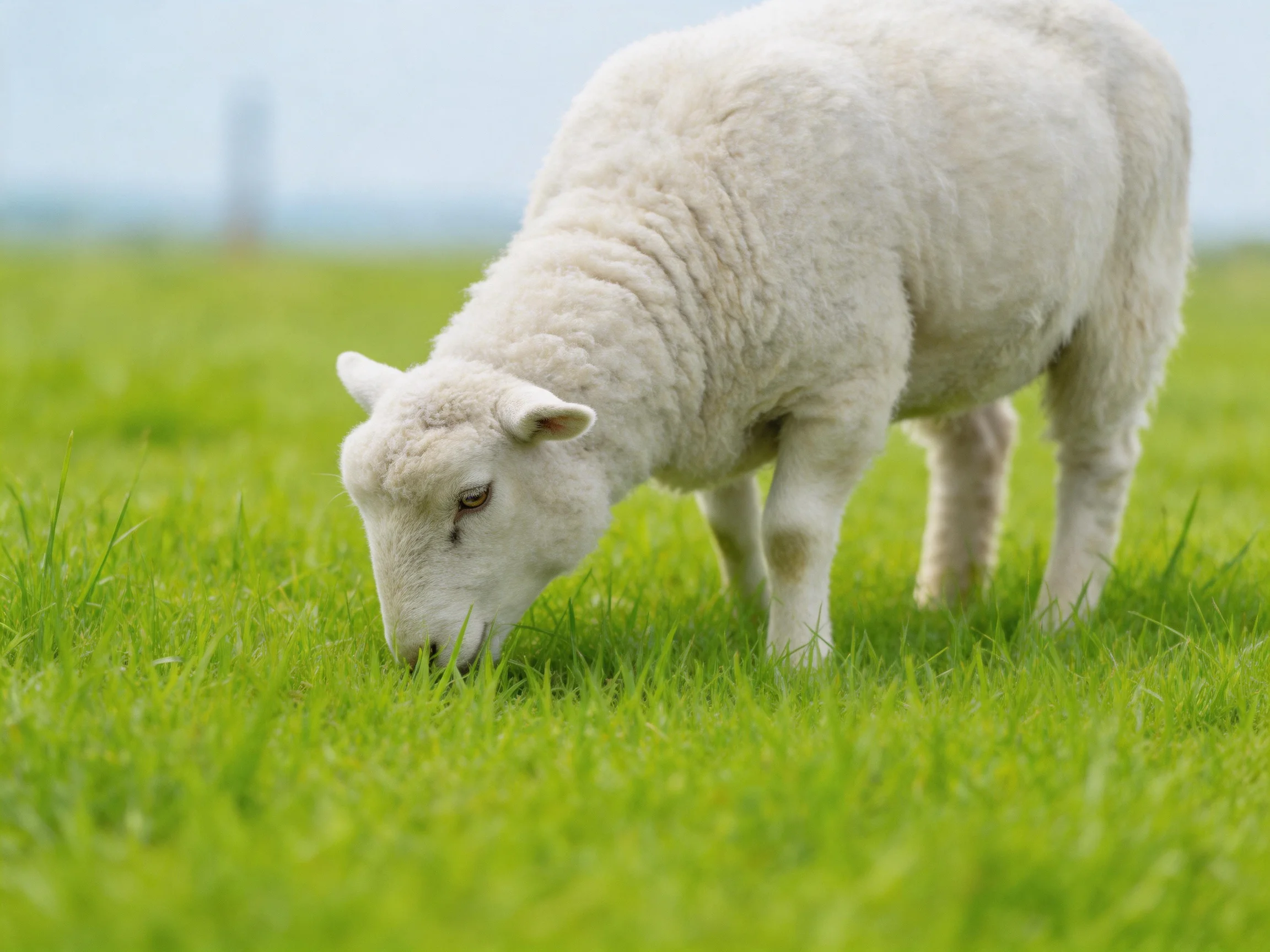 A fluffy white lamb grazing in a lush green meadow