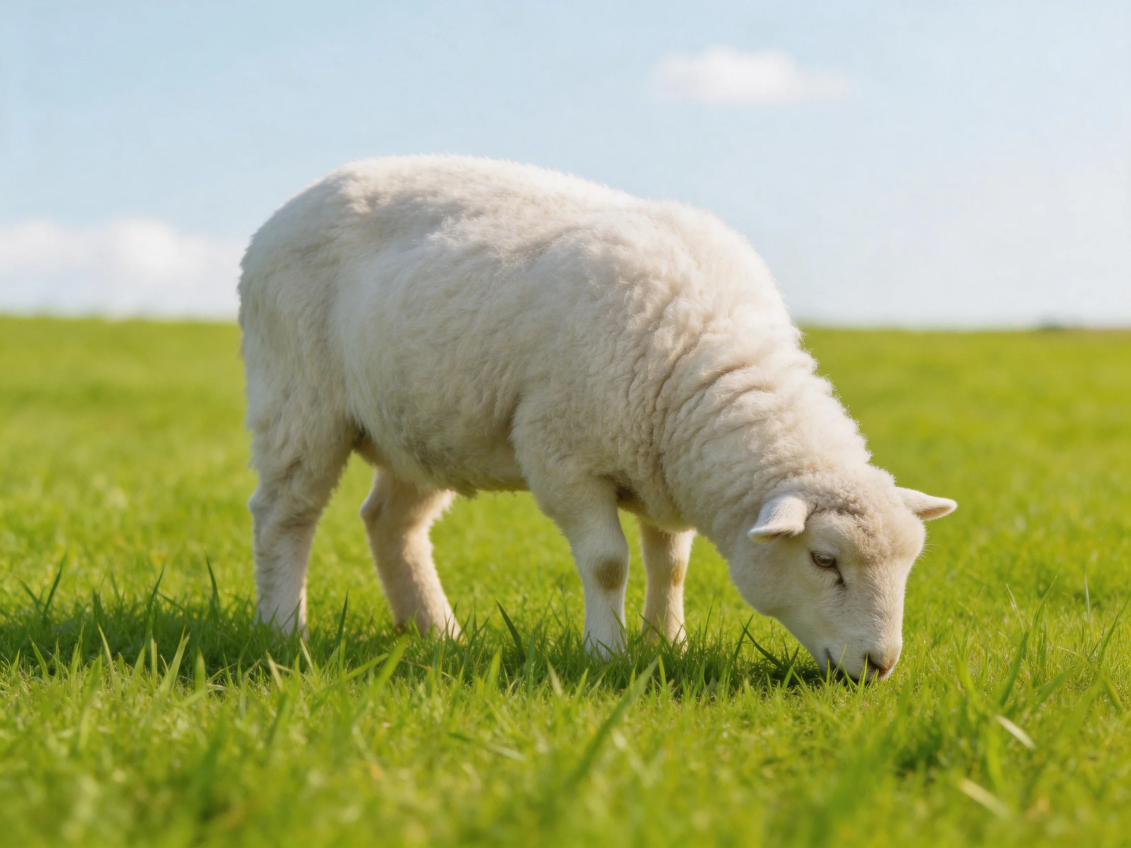 A fluffy white lamb grazing in a lush green meadow