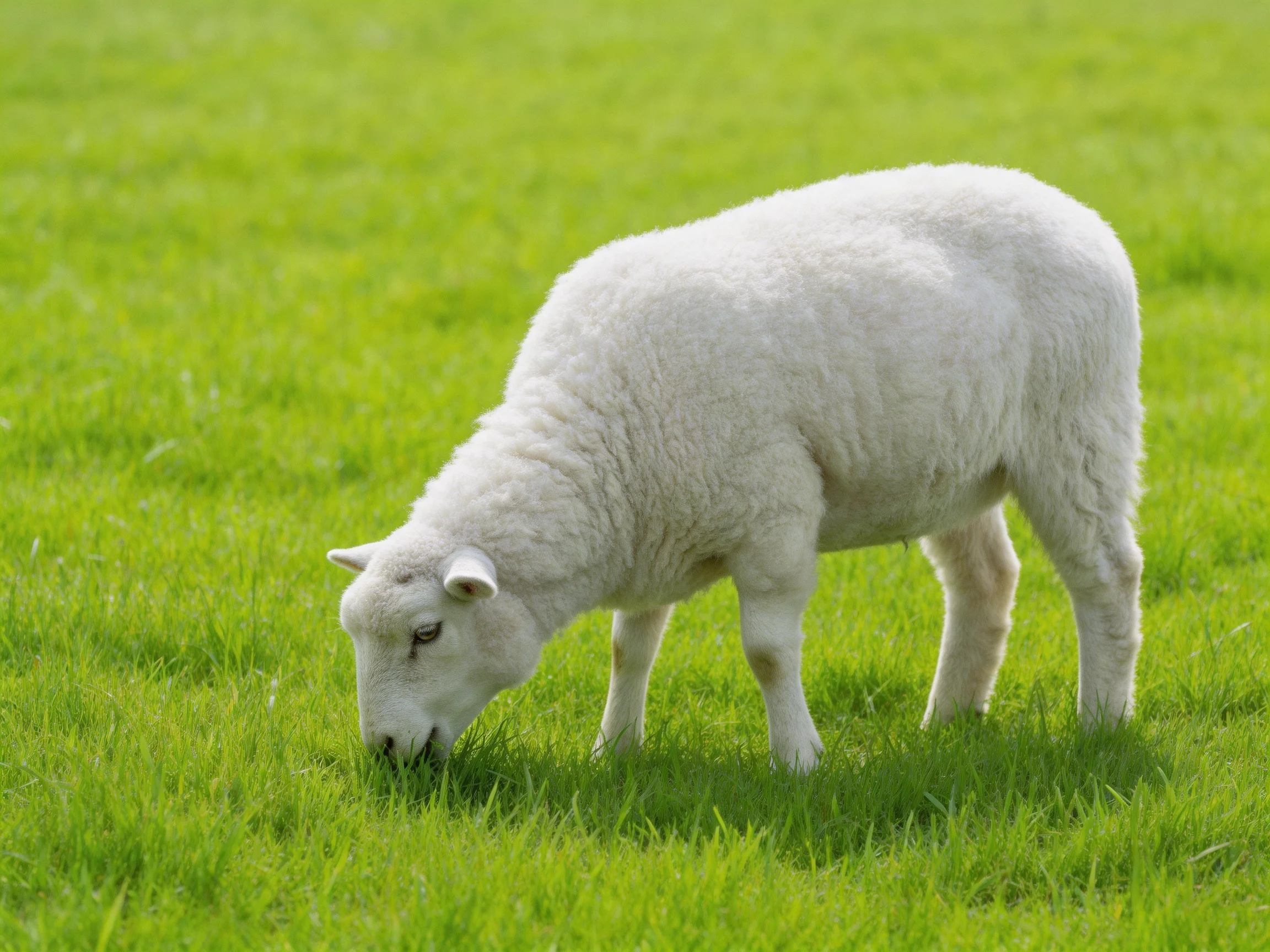 A fluffy white lamb grazing in a lush green meadow