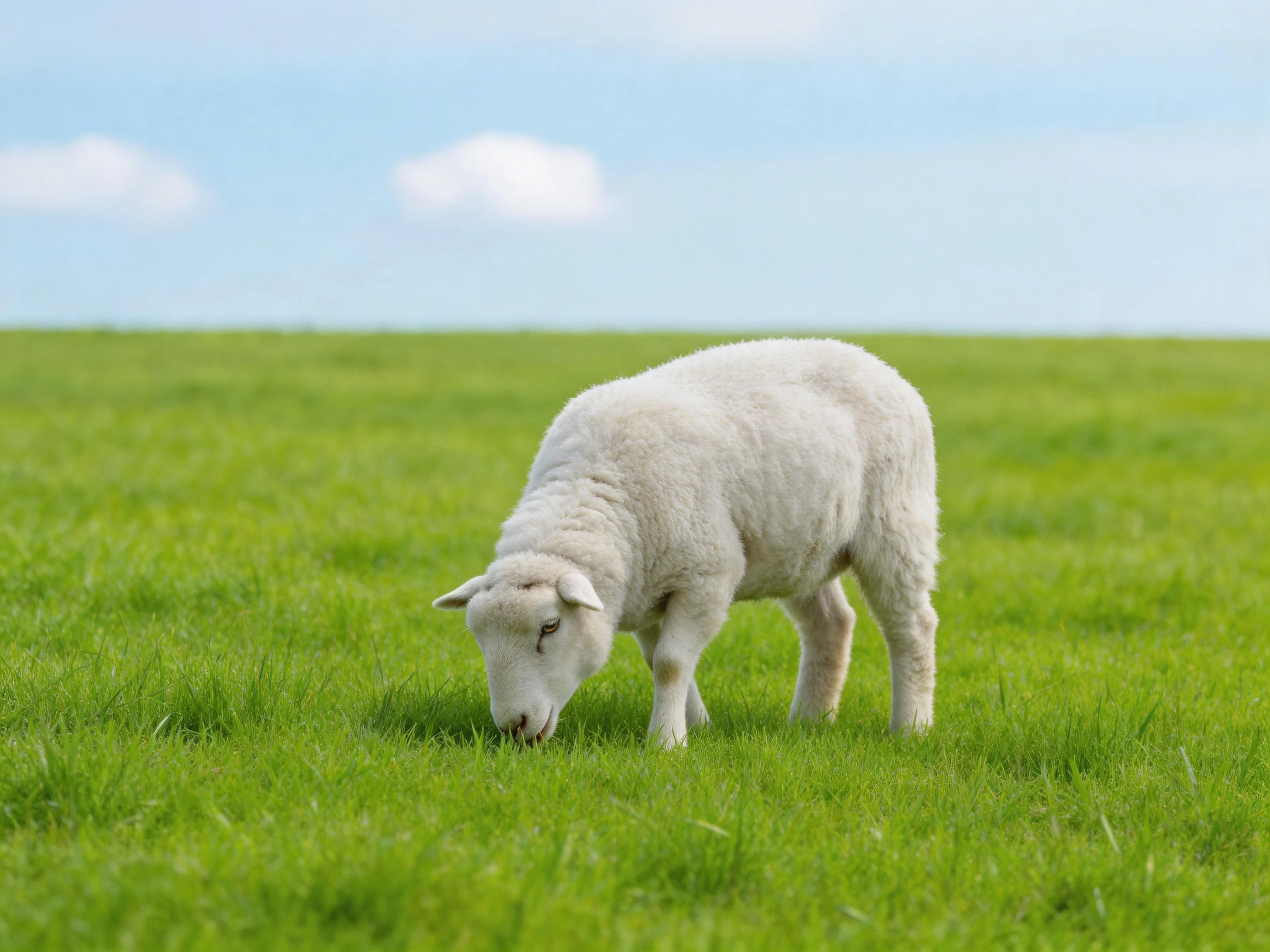 A single white lamb grazes in a spacious green meadow.