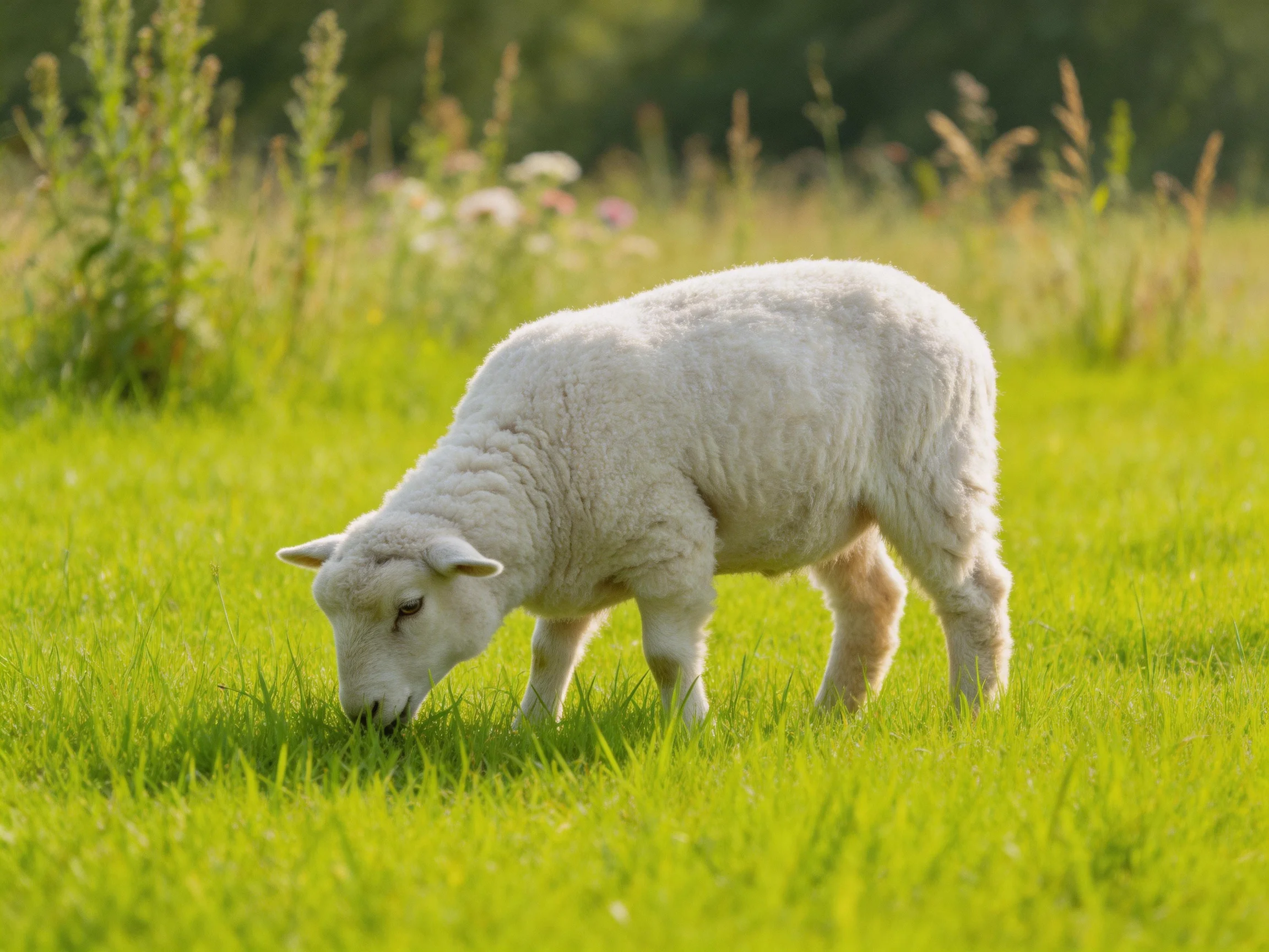 A white lamb grazes in a sunlit, verdant meadow.