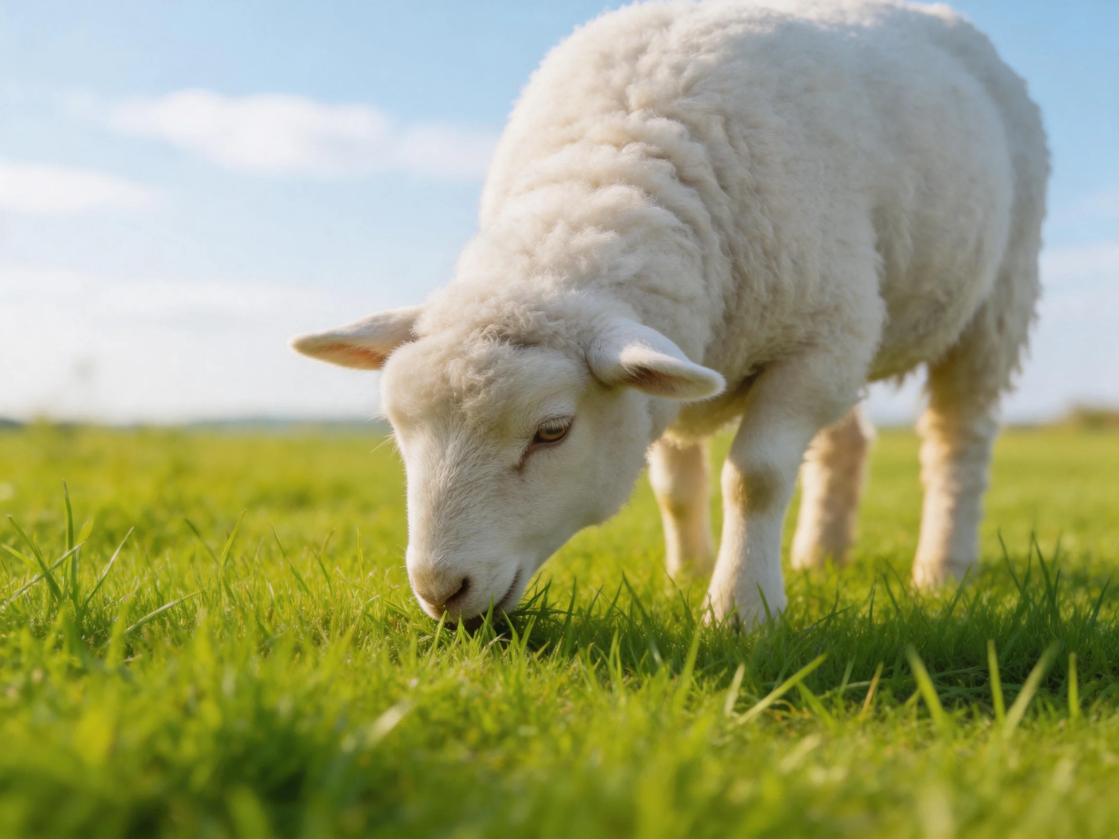 A white lamb peacefully grazes in a sunlit meadow.