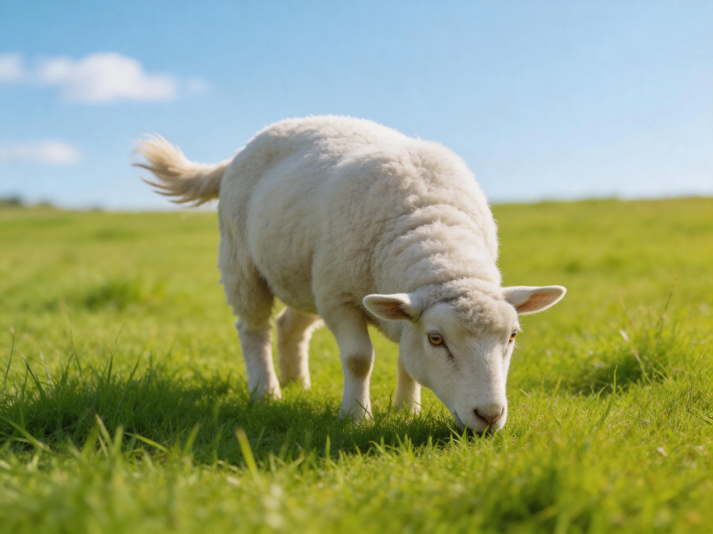 A fluffy white lamb grazing in a lush green meadow under bright blue sky