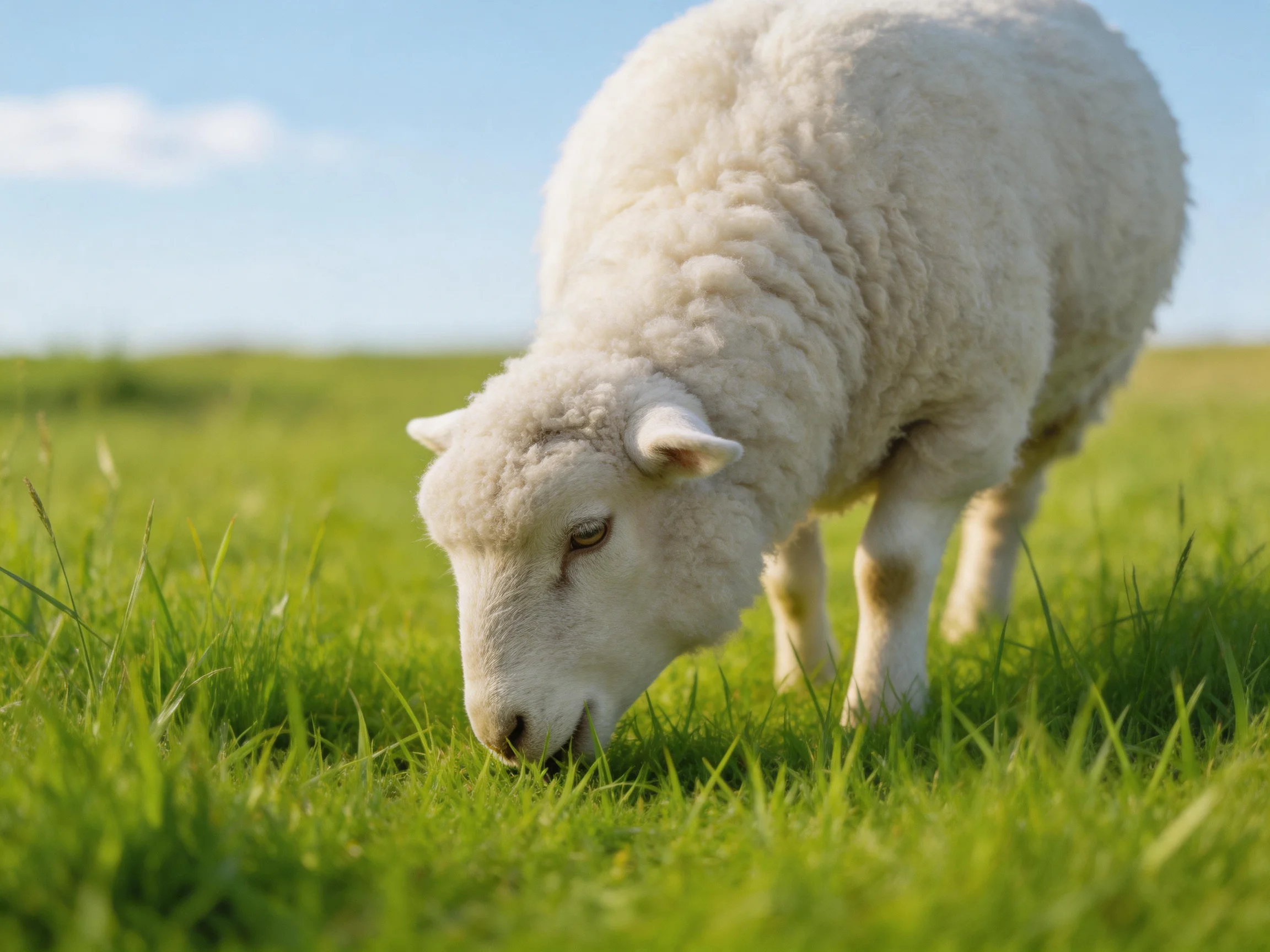 A fluffy white lamb grazing in a lush green meadow under bright blue sky