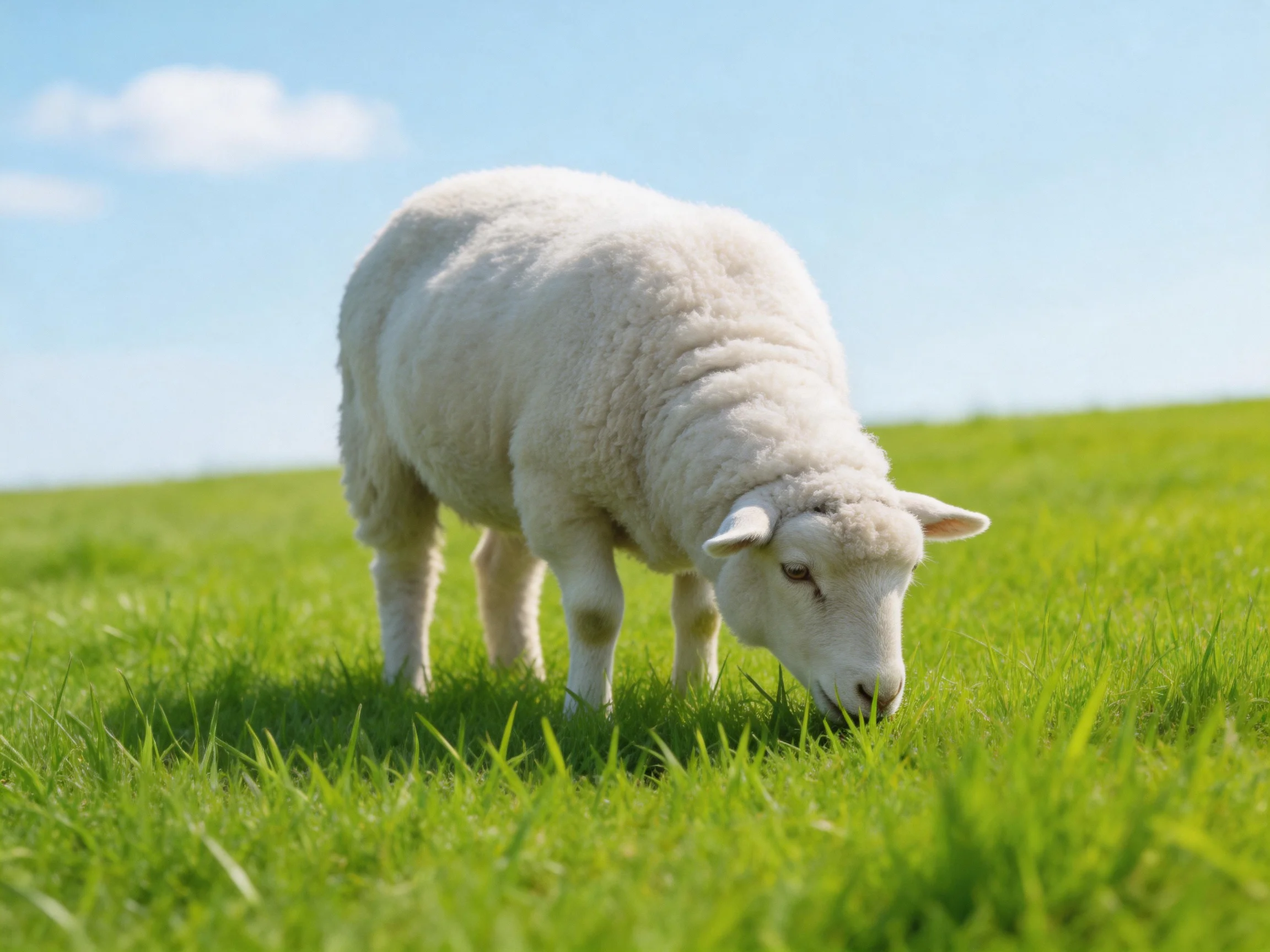 A fluffy white lamb grazing in a lush green meadow under clear blue sky