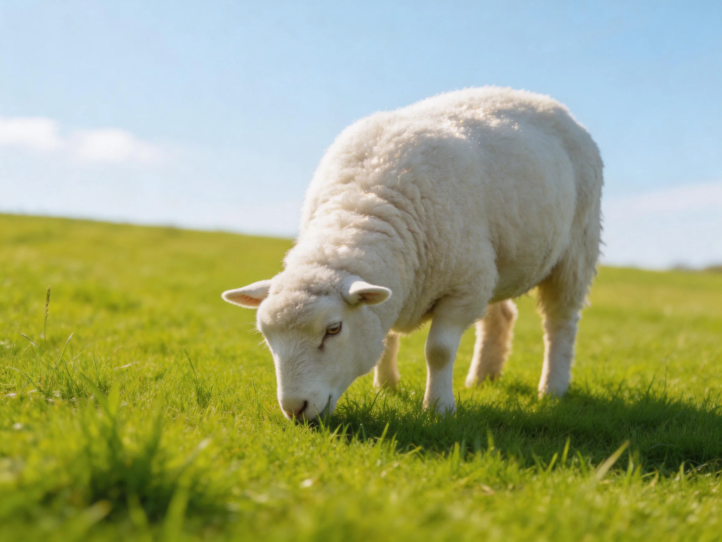 A white lamb grazes in a sunlit green meadow.