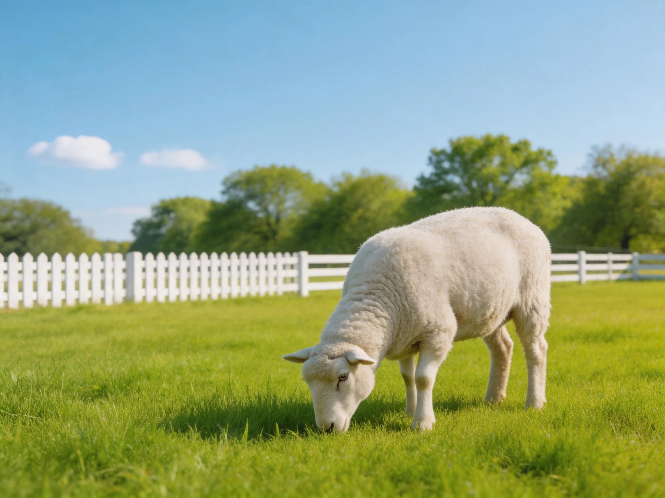 A fluffy white lamb grazing in a lush green pasture near a white picket fence