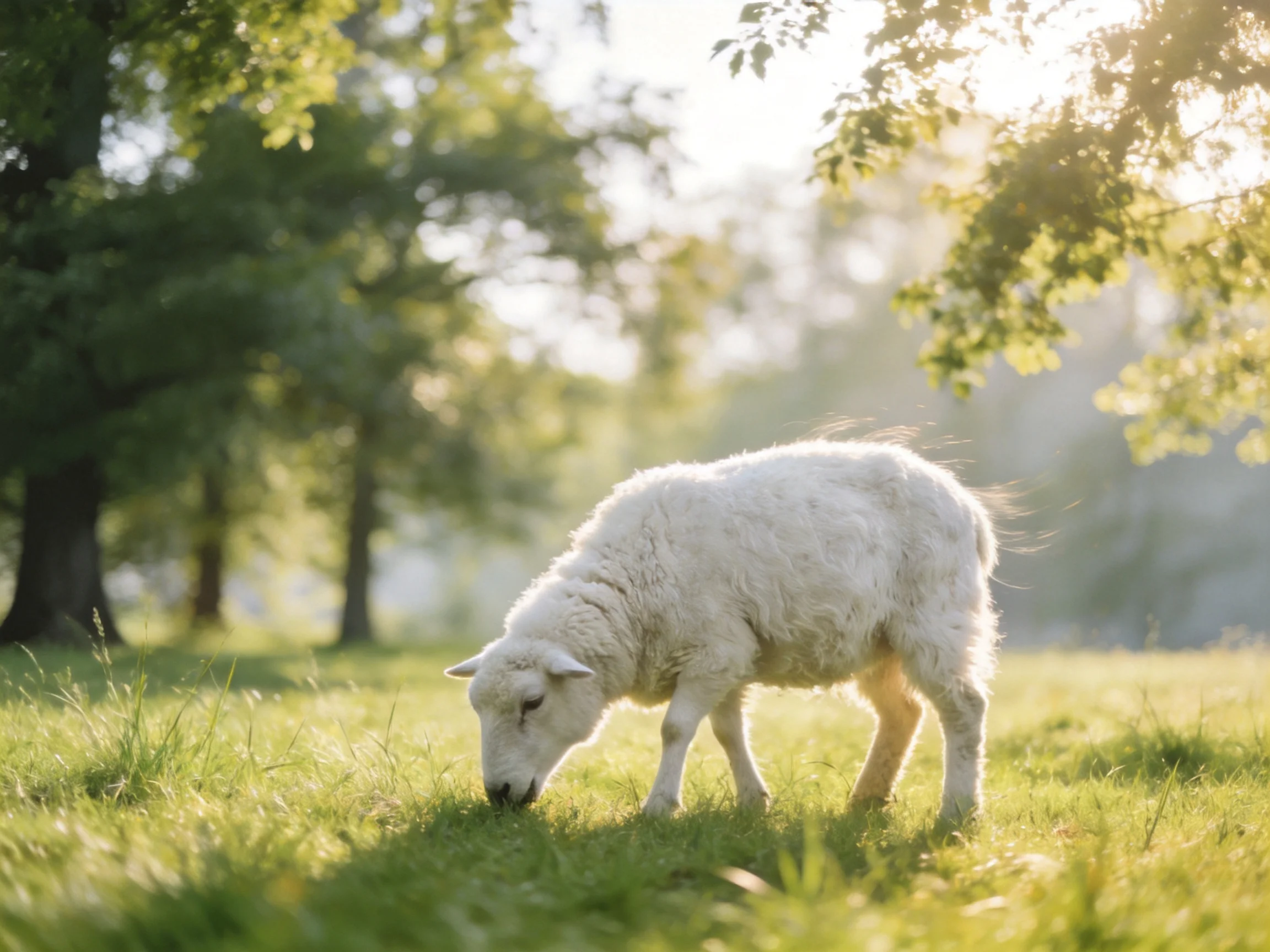 A fluffy white lamb grazing in a sunlit green meadow