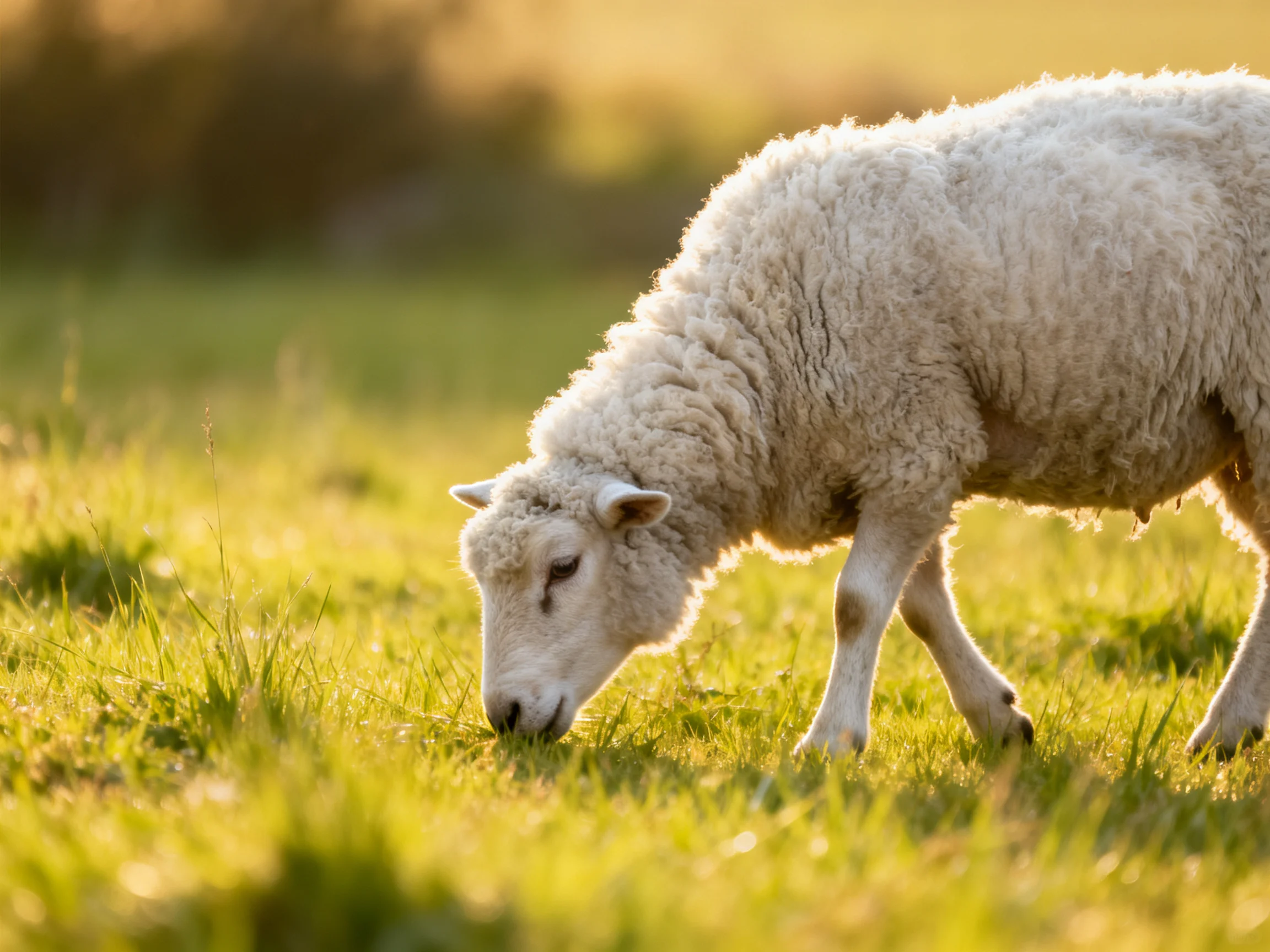A fluffy white lamb grazing in a sunlit green meadow