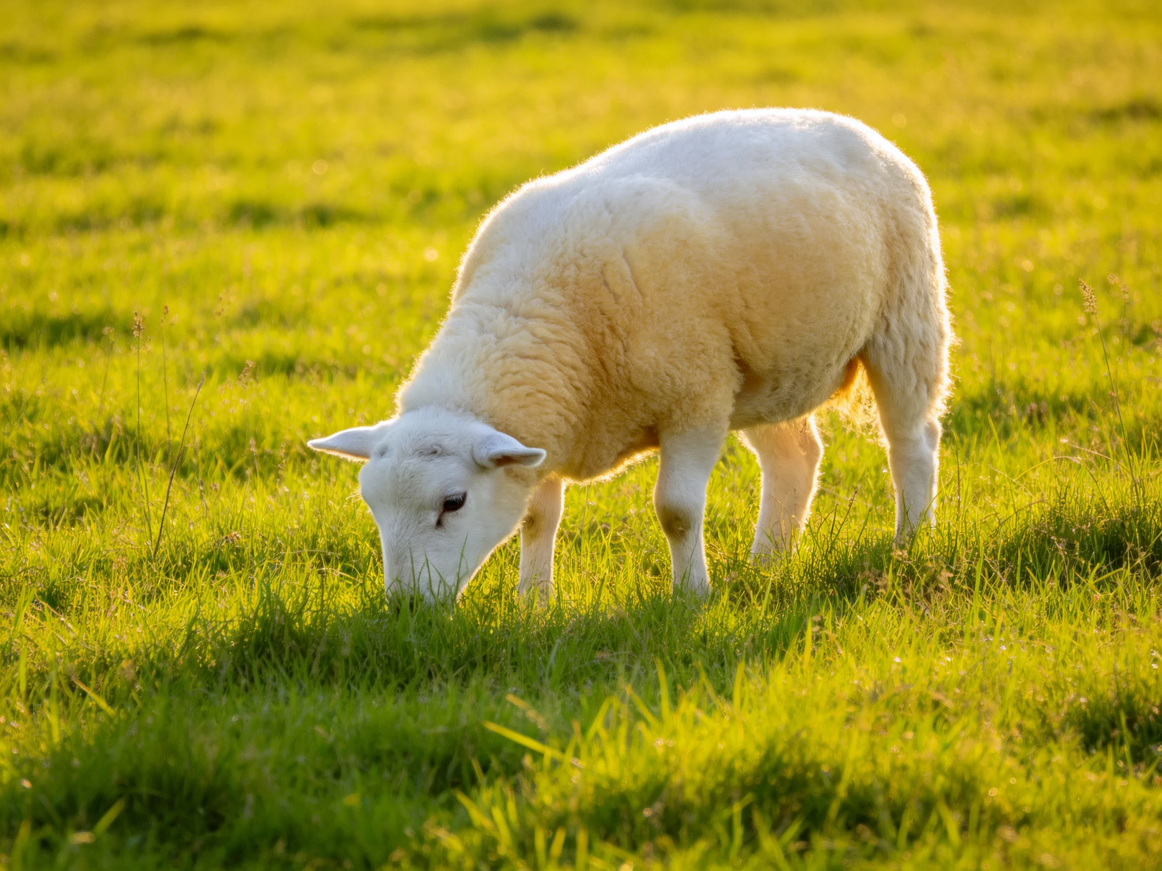 A fluffy white lamb grazing in a sunlit green meadow