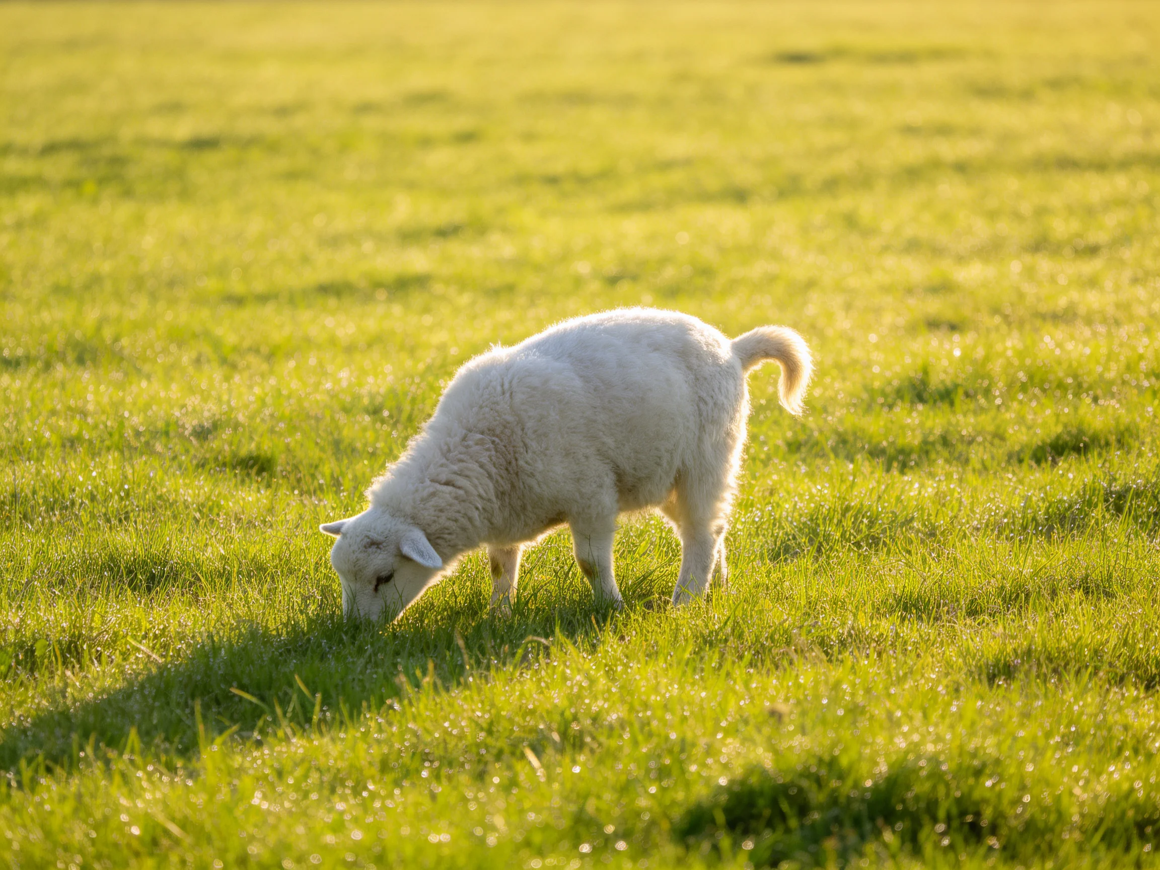 A fluffy white lamb grazing in a sunlit green meadow