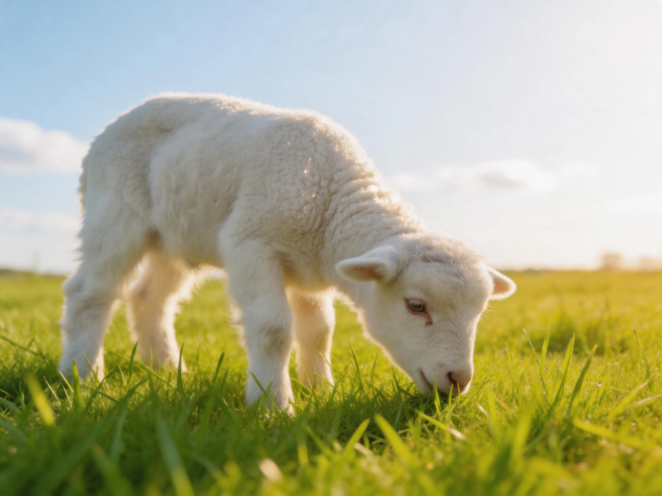 A fluffy white lamb grazing in a sunlit green meadow
