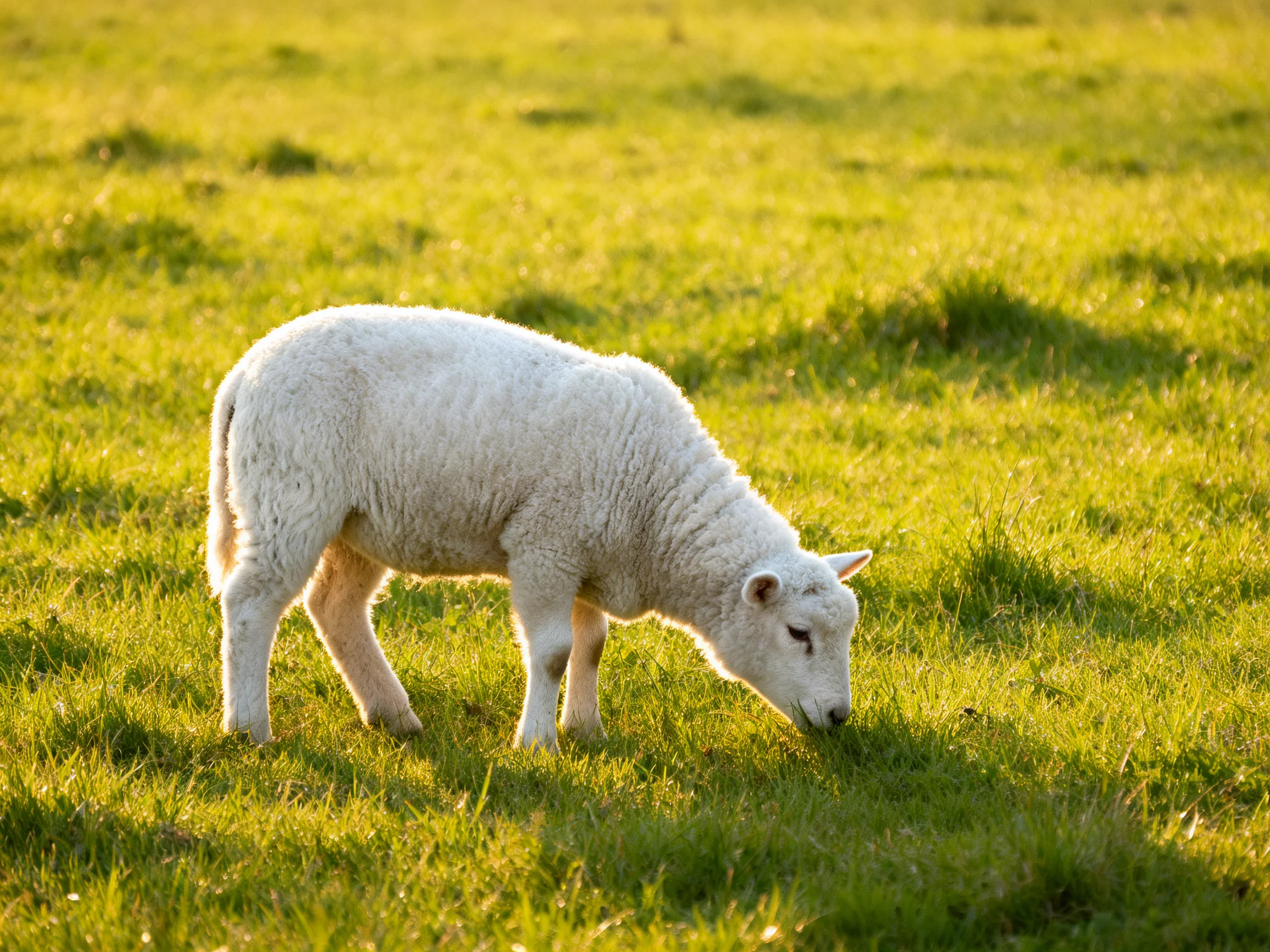 A fluffy white lamb grazing in a sunlit green meadow