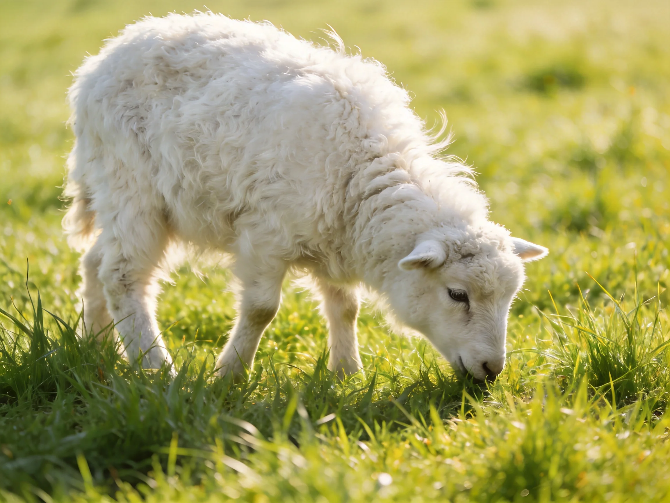 A fluffy white lamb grazing in a sunlit green meadow
