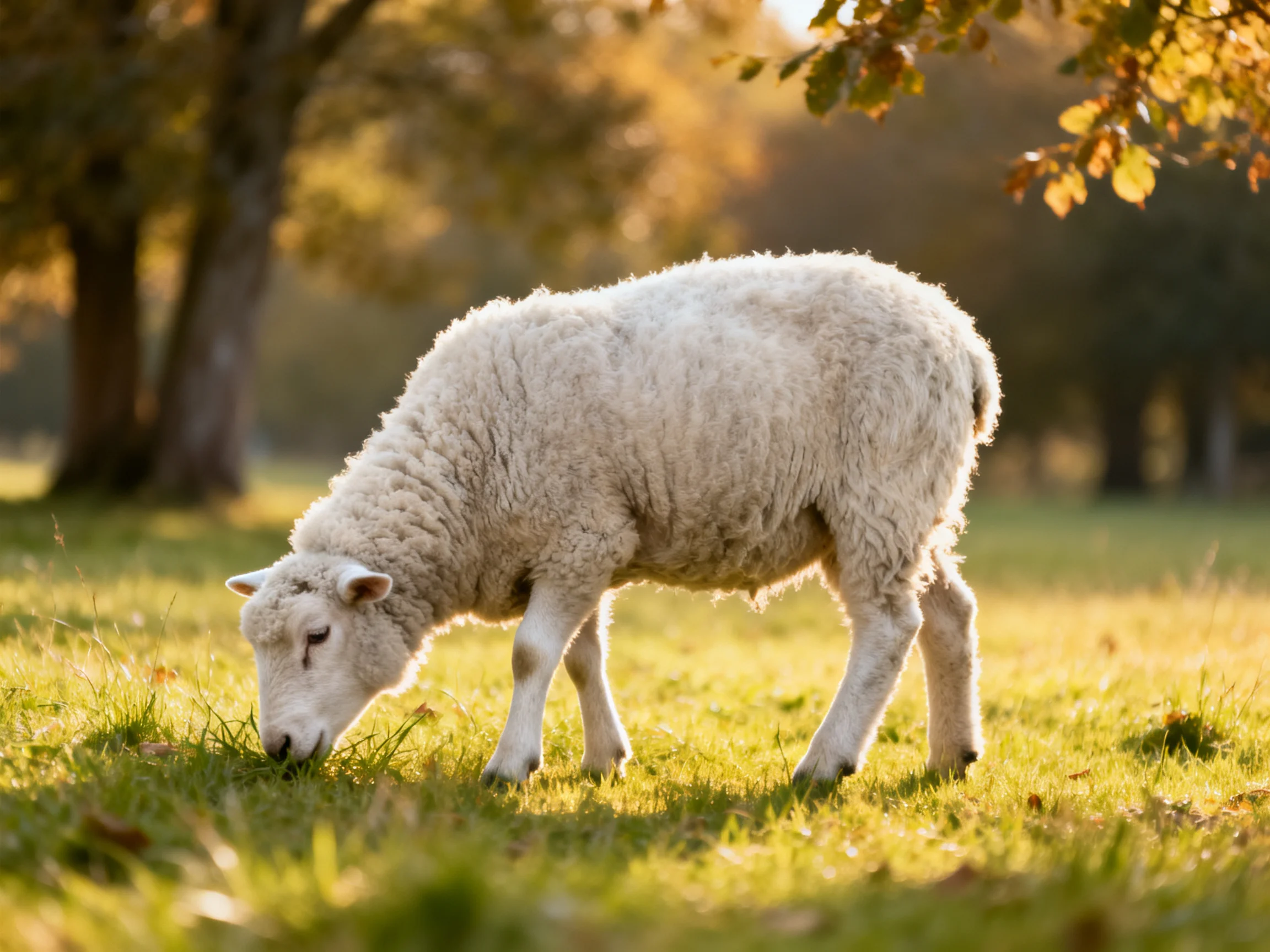 A fluffy white lamb grazing in a sunlit green meadow near trees