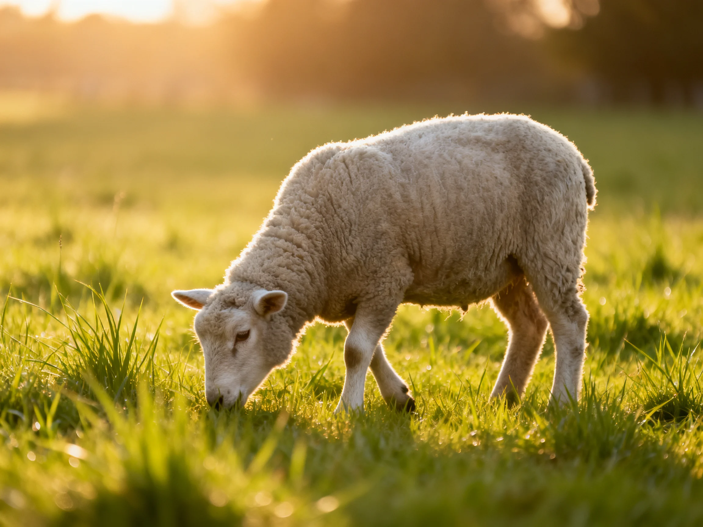 A fluffy white lamb grazing in a sunlit green meadow
