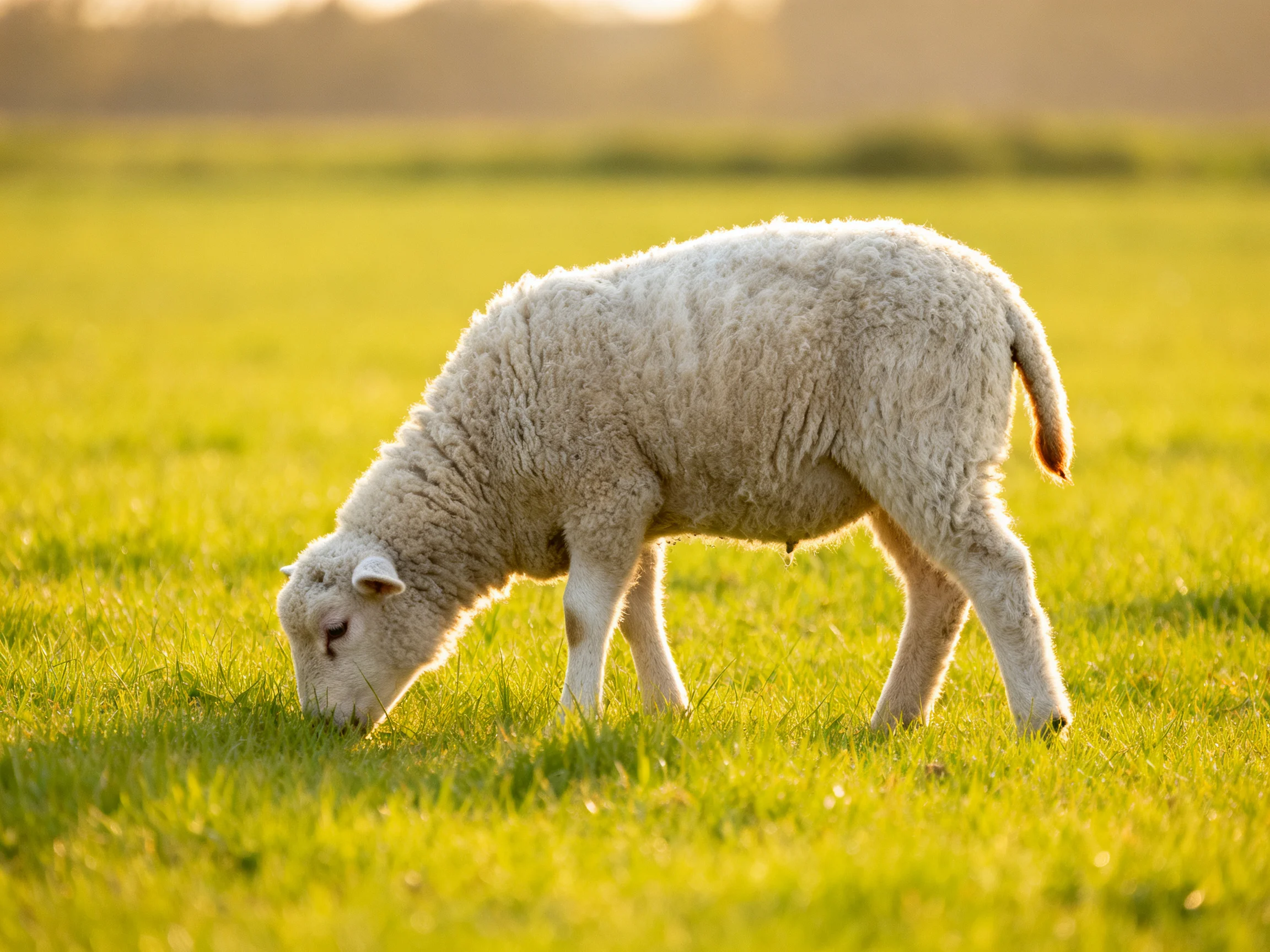 A fluffy white lamb grazing in a sunlit green meadow