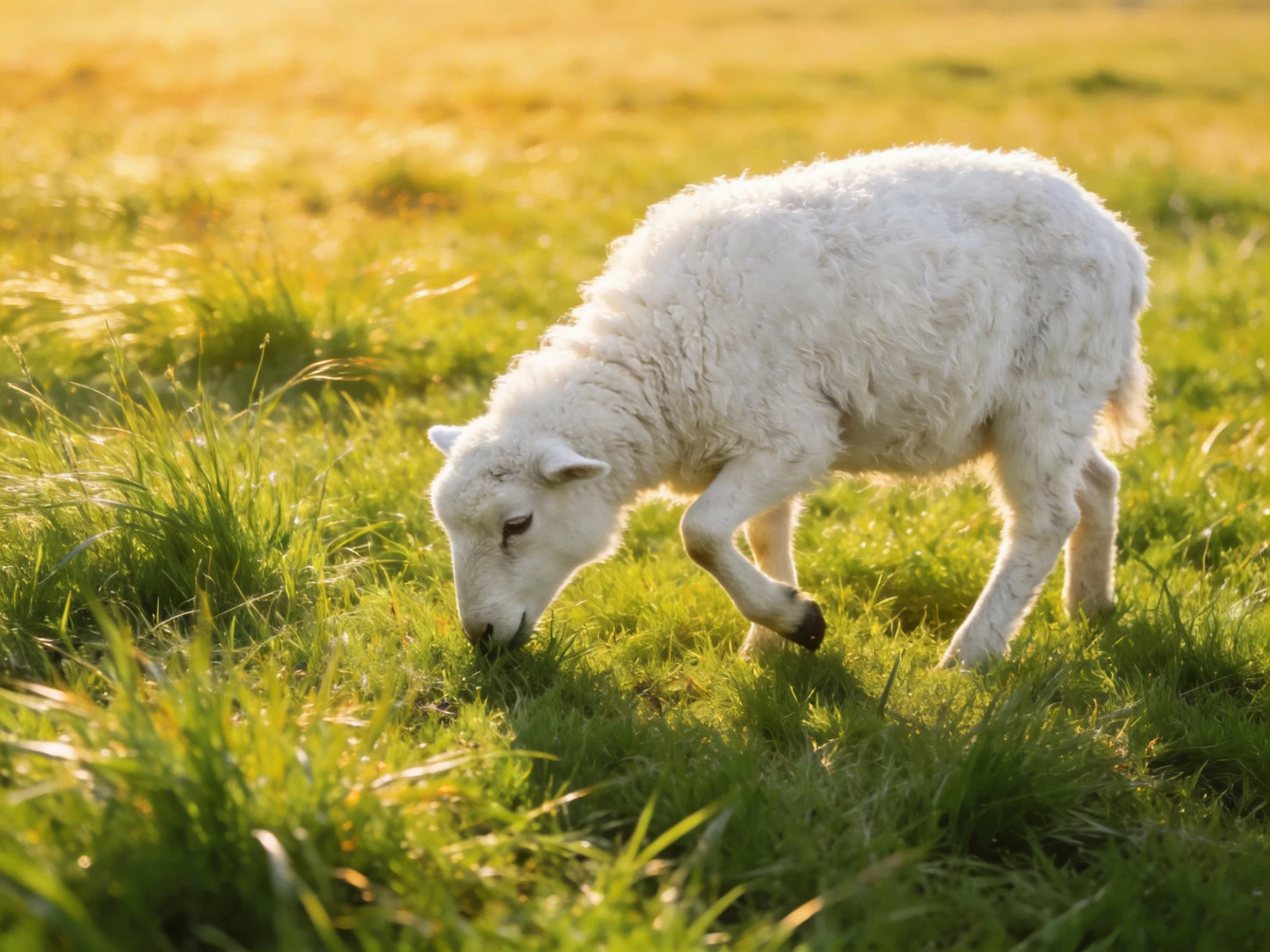 A fluffy white lamb grazing in a sunlit green meadow