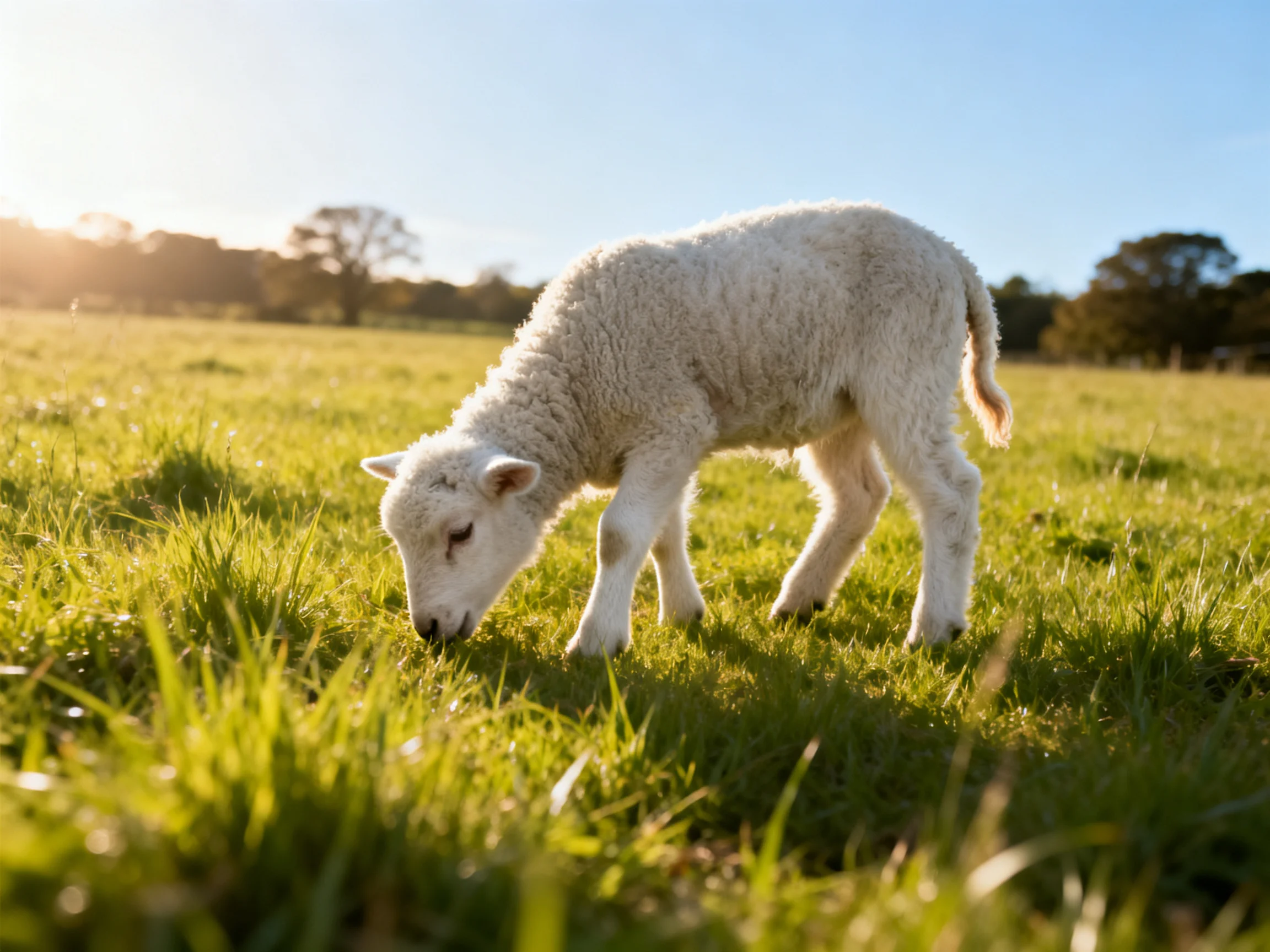 A fluffy white lamb grazing in a sunlit green pasture