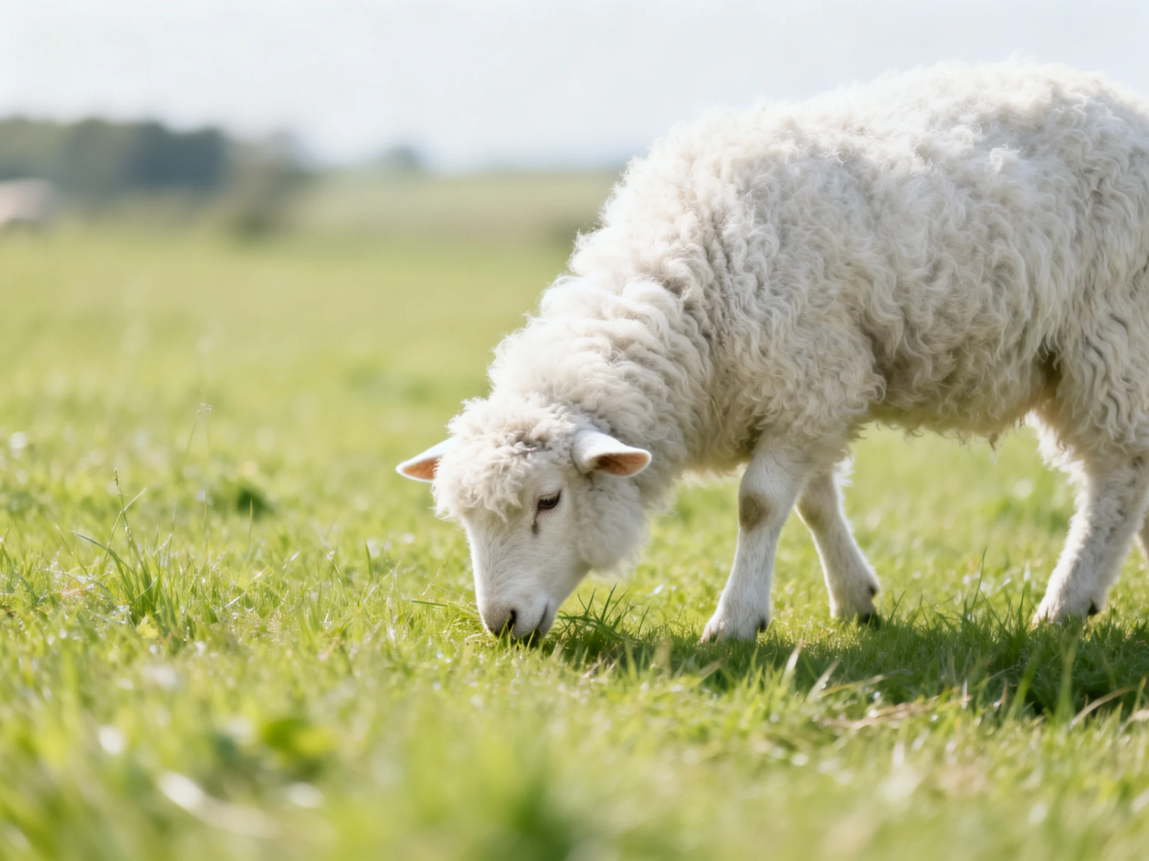 A fluffy white lamb grazing in a sunlit green pasture