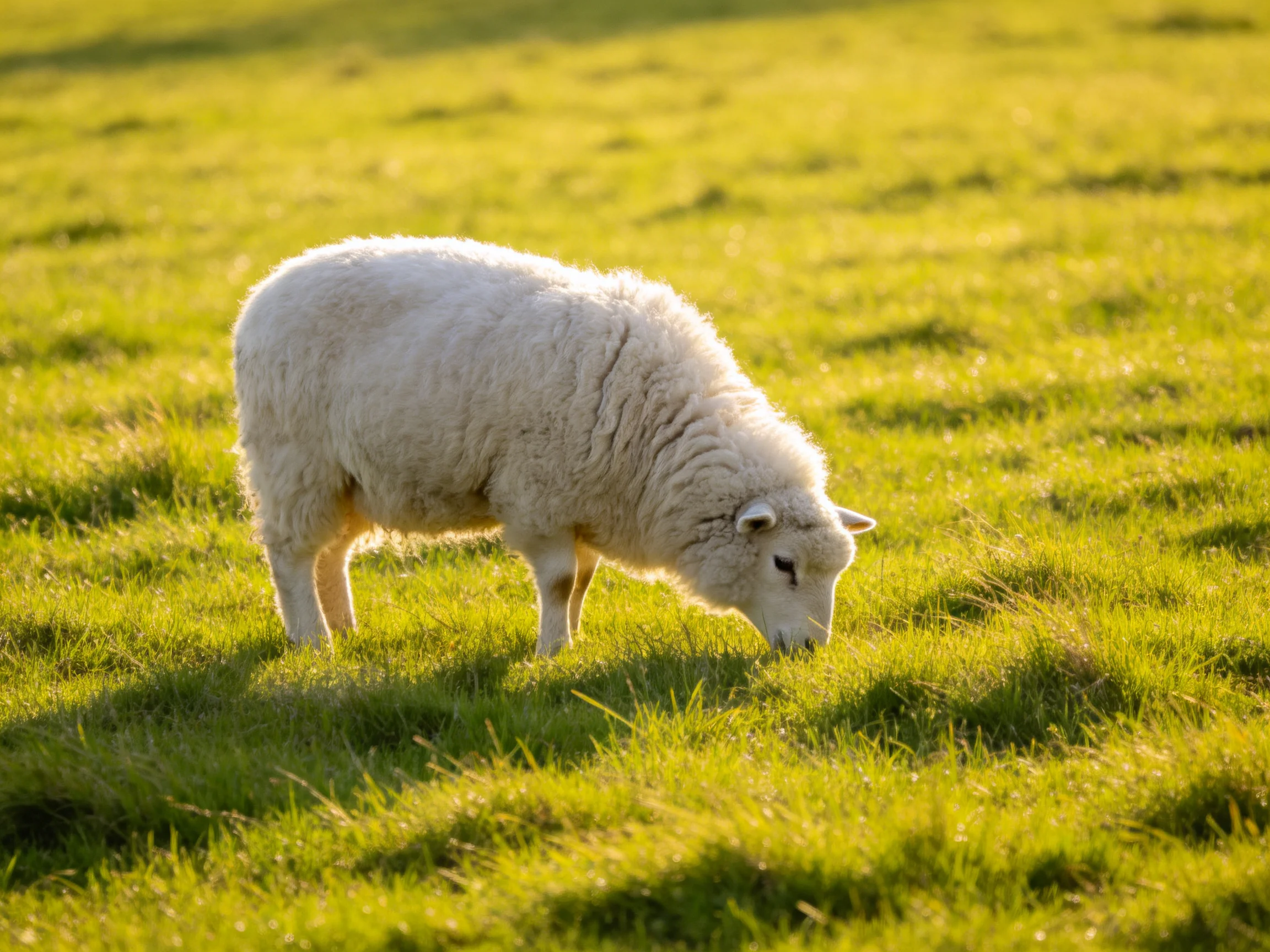 A fluffy white lamb grazing in a sunlit green pasture