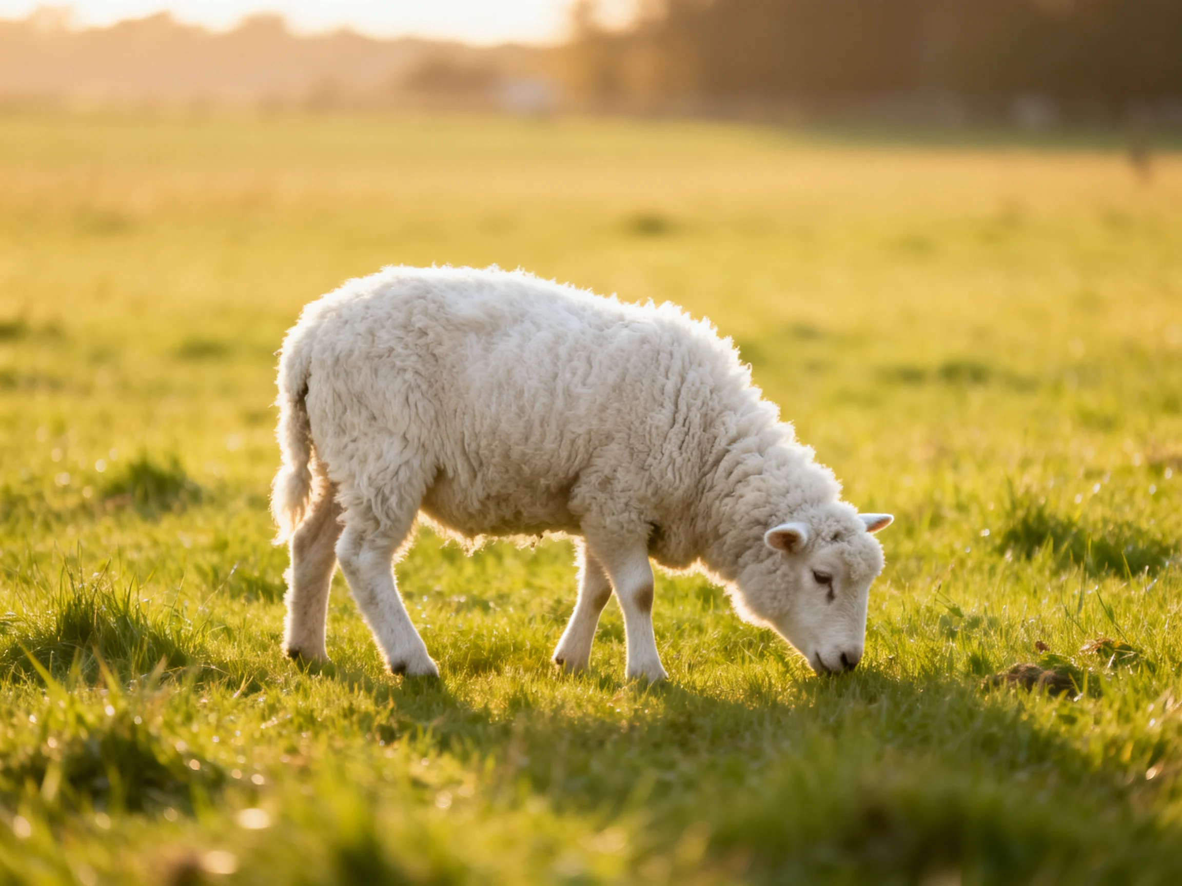A fluffy white lamb grazing in a sunlit green pasture