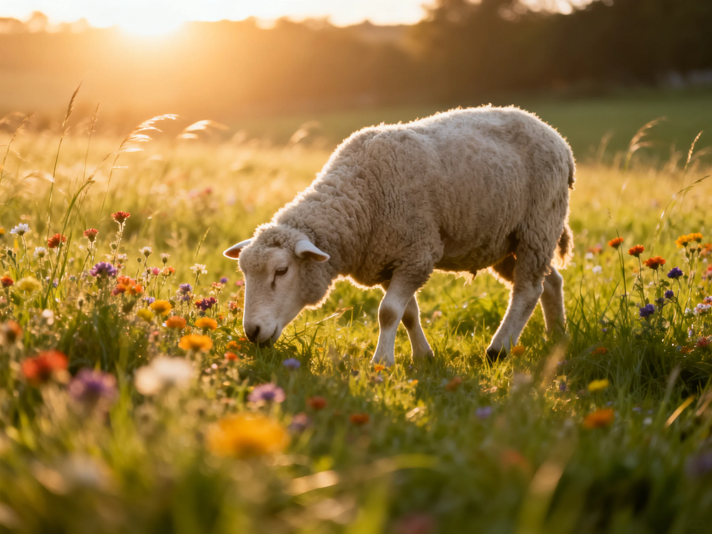 A fluffy white lamb grazing in a vibrant wildflower meadow during golden hour