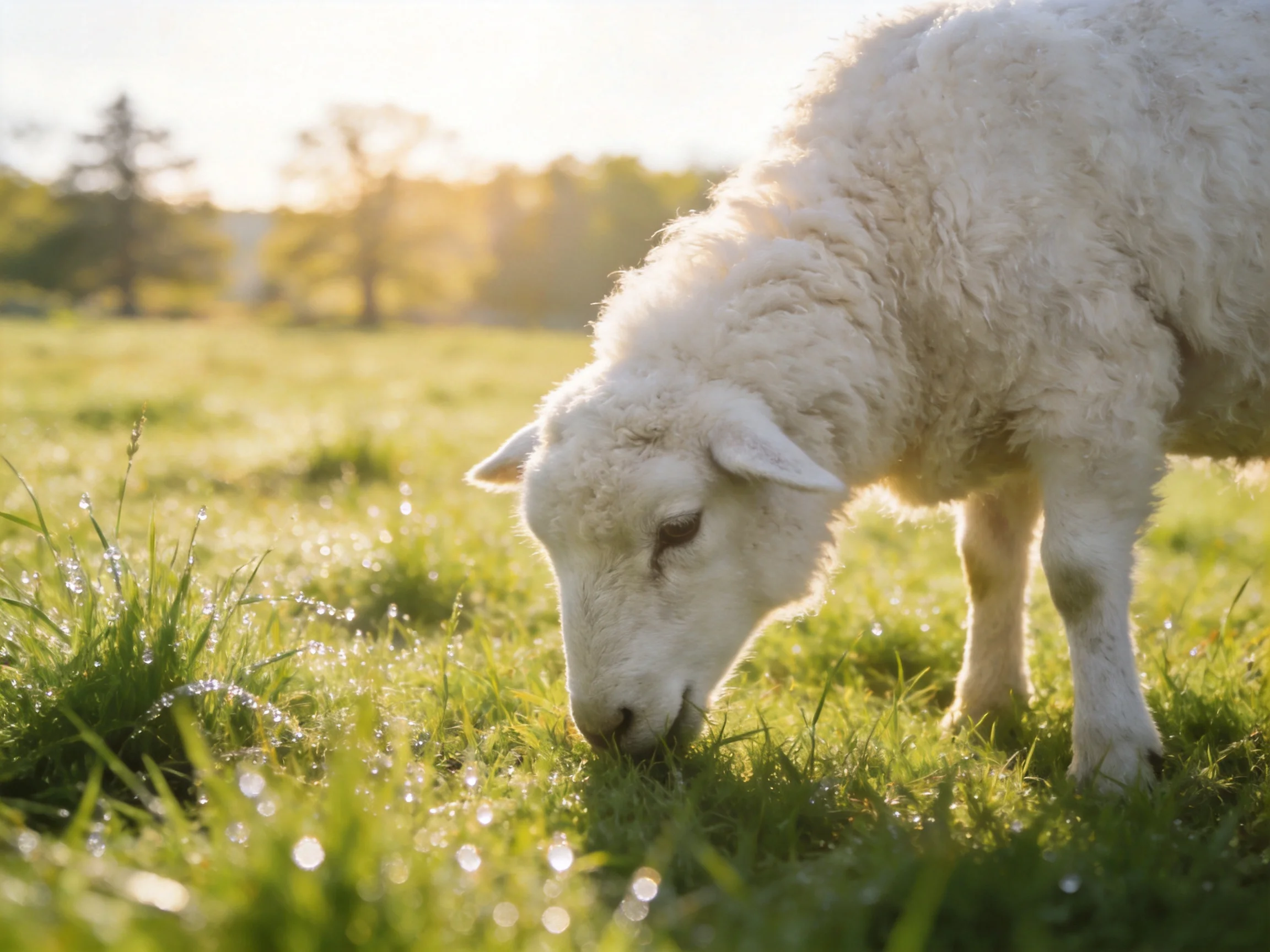 A fluffy white lamb grazing in dewy green pasture under golden light