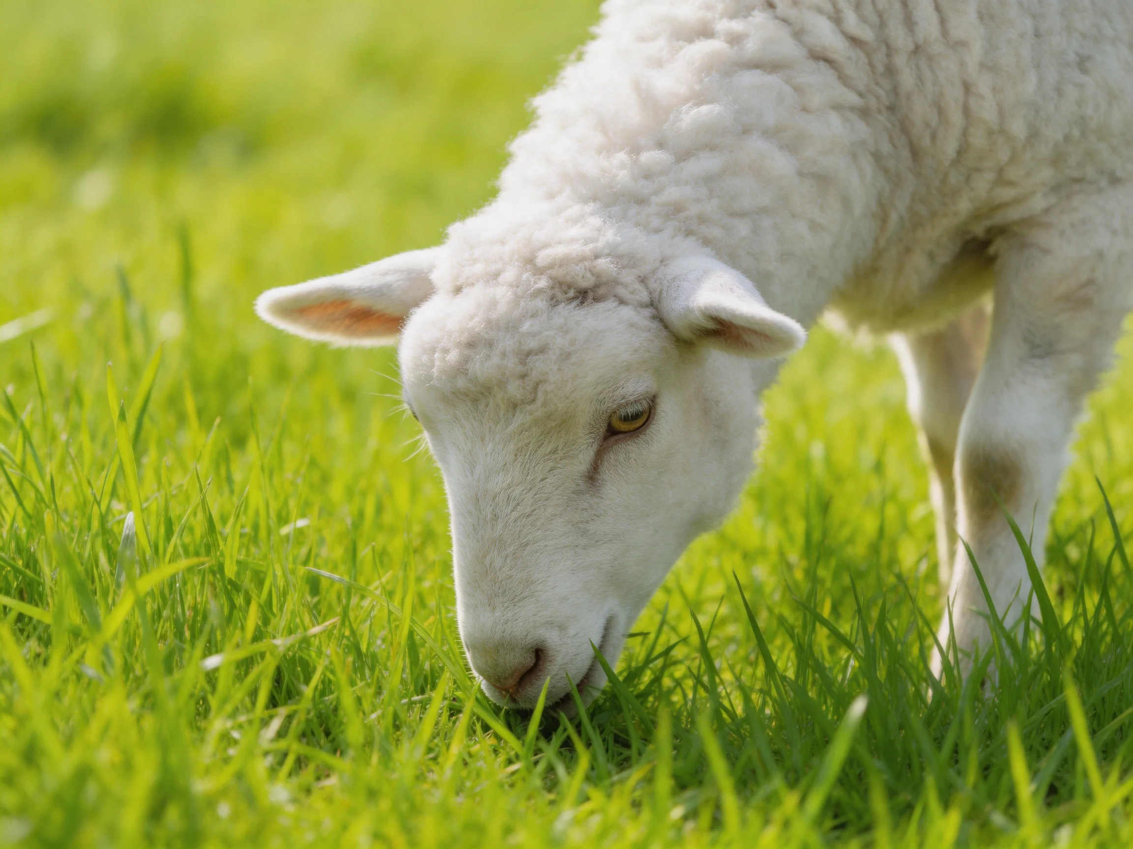 A fluffy white lamb grazing in lush green grass