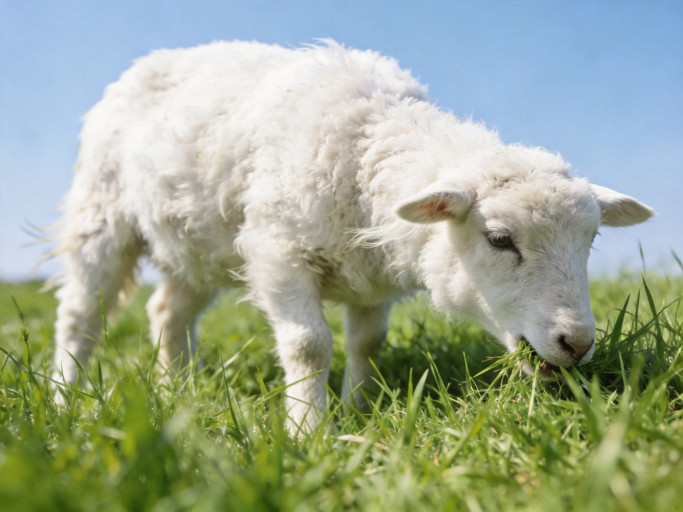 A young white lamb peacefully grazes in a field of tall green grass.