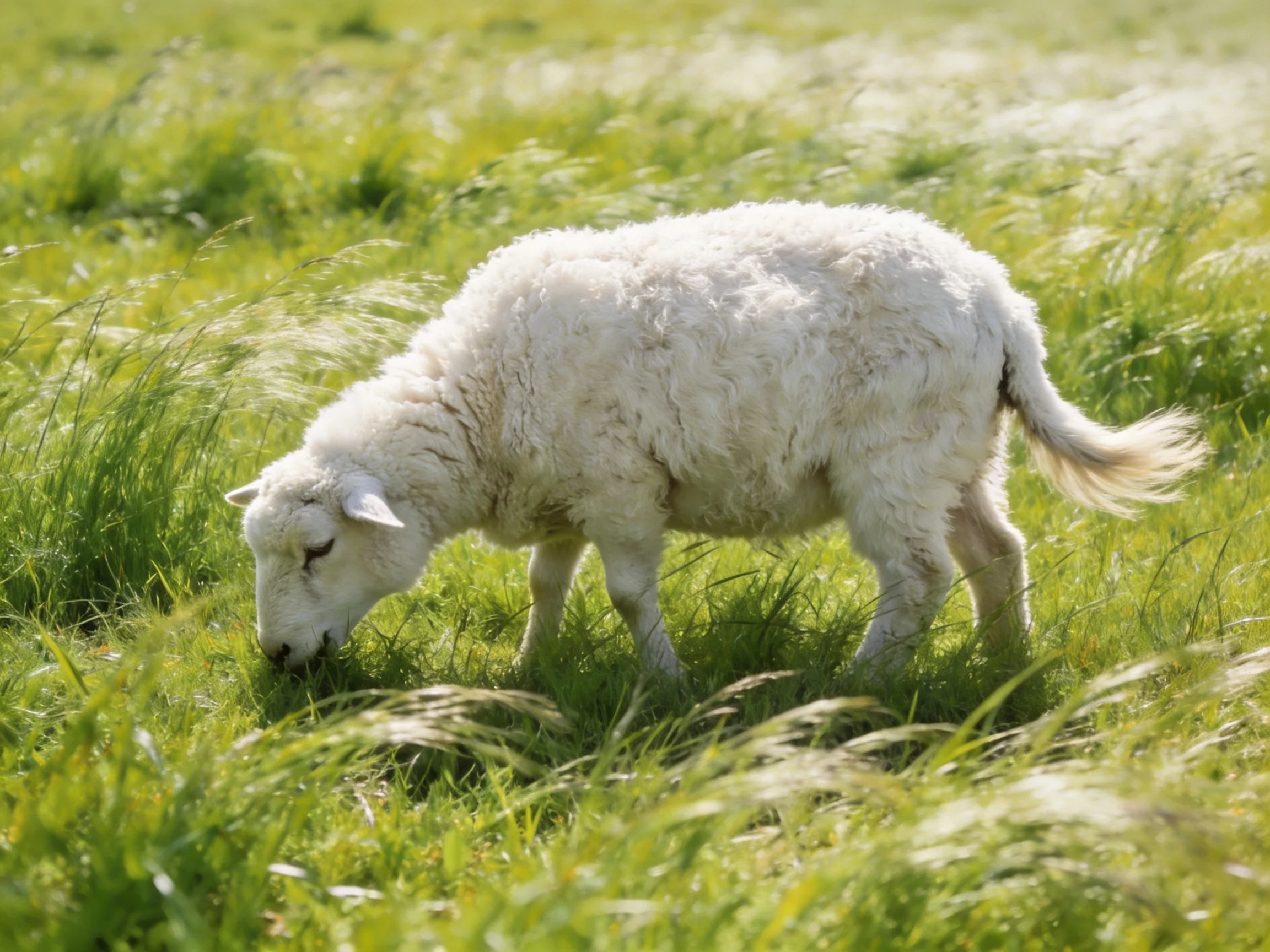 A fluffy white lamb grazing in lush green meadow
