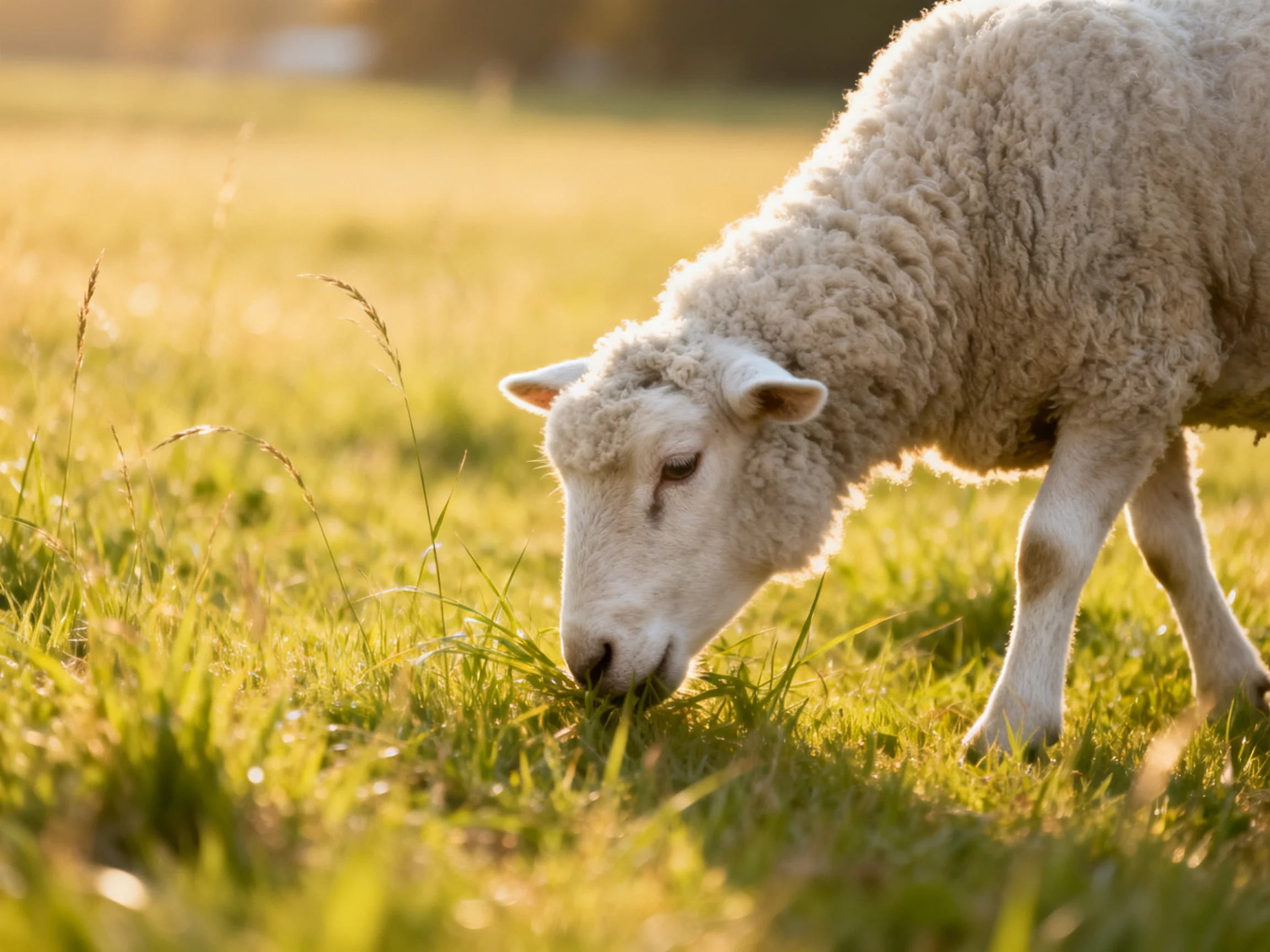 A fluffy white lamb grazing in sunlit green meadow
